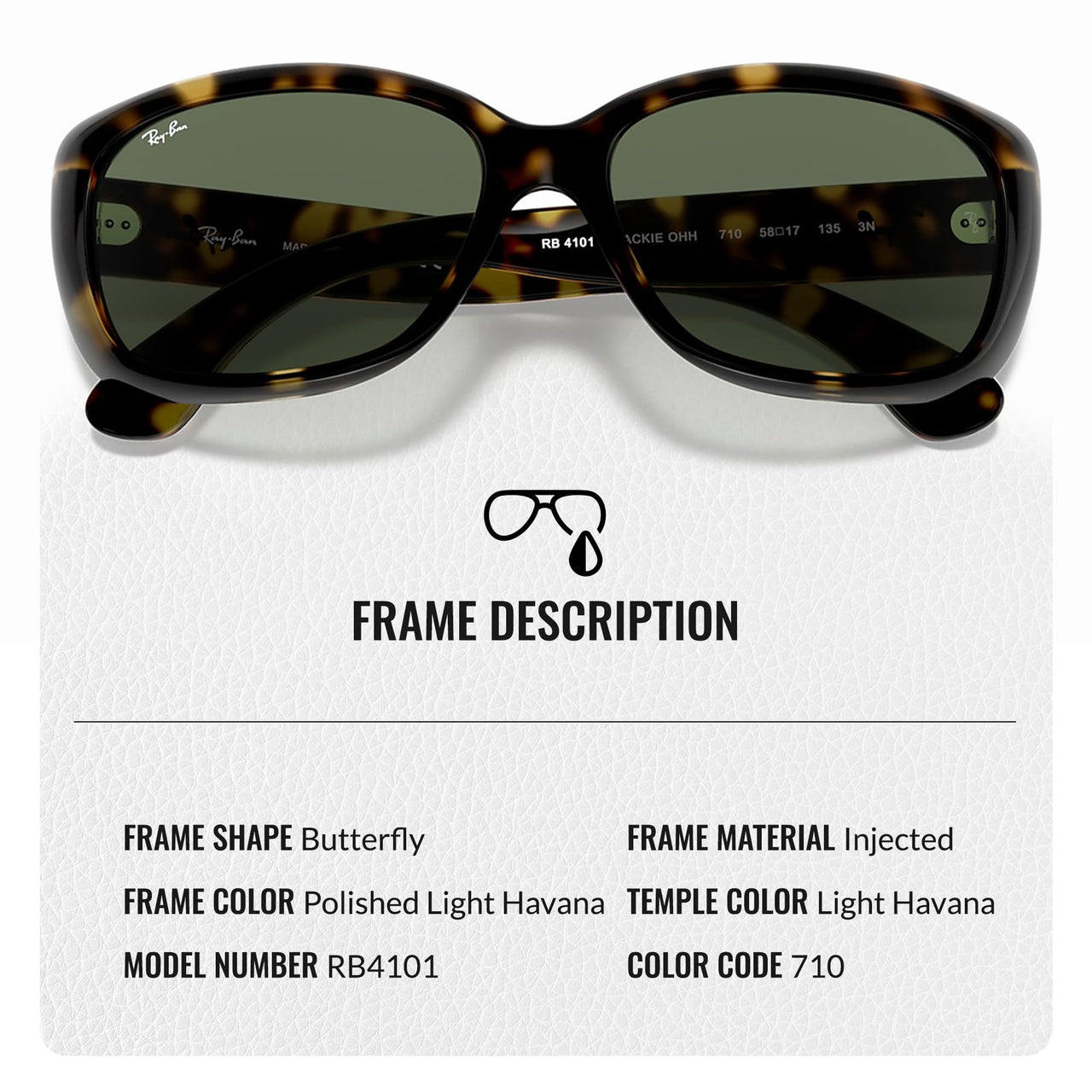 Ray-Ban RB4101 JACKIE OHH Butterfly Shaped Non-Polarized Sunglasses for Women – Includes Official RAYBAN Eyewear Kit – Ideal Formal & Casual Wear Sunglasses – Green Lens
