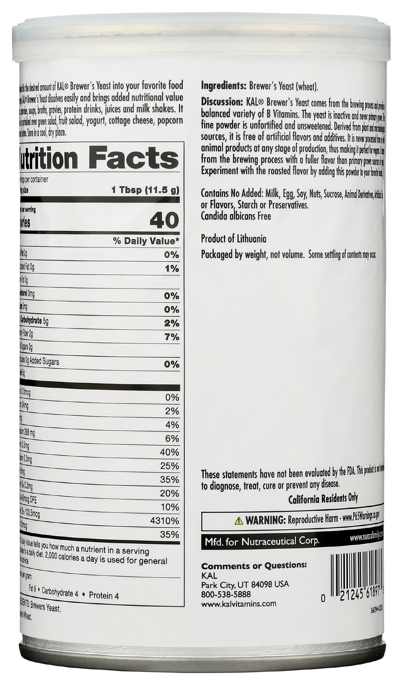 KAL Brewers Yeast Powder, Unfortified, Unsweetened Super Food, 100% Natural Source of Protein, B Complex Vitamins, Amino Acids - Vegan, Preservative Free, Made Without Soy - Approx. 18 Servings, 7.4oz