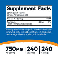 Thumbnail for Nutricost Magnesium Oxide 750mg, 240 Capsules - 420mg of Magnesium, Non-GMO, Gluten Free