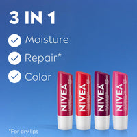 Thumbnail for NIVEA Lip Care, Fruity Tinted Lip Balm Variety Pack, Cherry, Strawberry, Blackberry and Watermelon Flavors, 3-in-1 Moisture, Repair and Color, 0.17 Oz Stick, Pack of 4