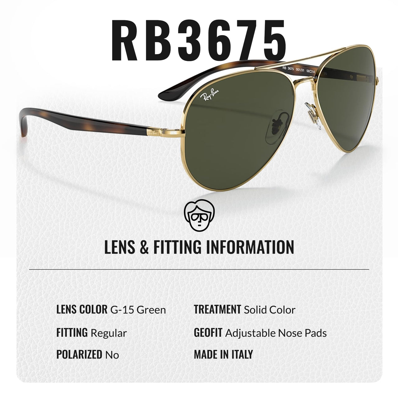 Ray-Ban RB3675 Pilot Shaped Non-Polarized Sunglasses for Men & Women – Includes Official RAYBAN Eyewear Kit – Ideal Formal & Casual Wear Sunglasses – G-15 Green Lens