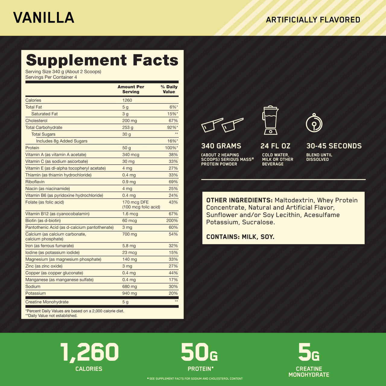 Optimum Nutrition Serious Mass, Weight Gainer Protein Powder, Mass Gainer, Vitamin C and Zinc for Immune Support, Creatine, Vanilla, 3 Pound (Packaging May Vary)