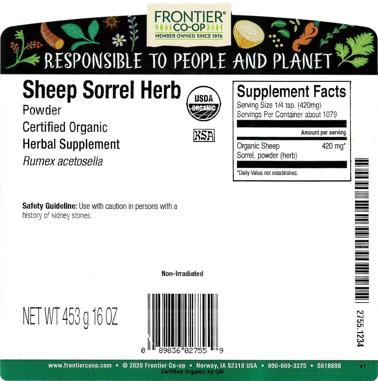 Frontier Co-op Organic Sheep Sorrel Powder, 1lb Bulk Bag - Natural Herbal Powder with Sharp, Tangy Flavor for Herbal Teas and Essiac Blends, Kosher