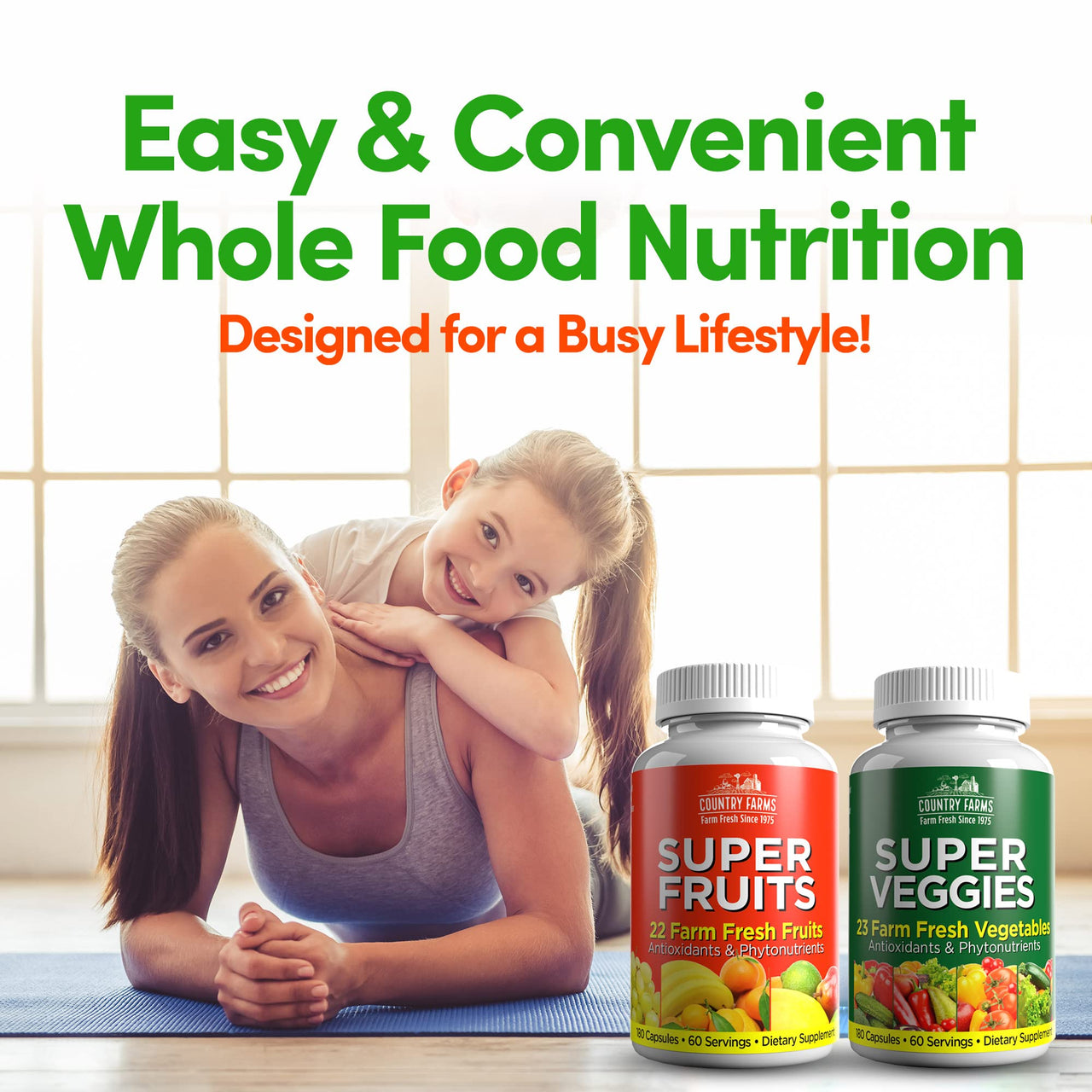 Country Farms Fruits and Vegetables Supplement, 180 Fruit and 180 Veggie Capsules, Greens and Reds Packed with Superfoods, Powerful Antioxidants, 60 Servings