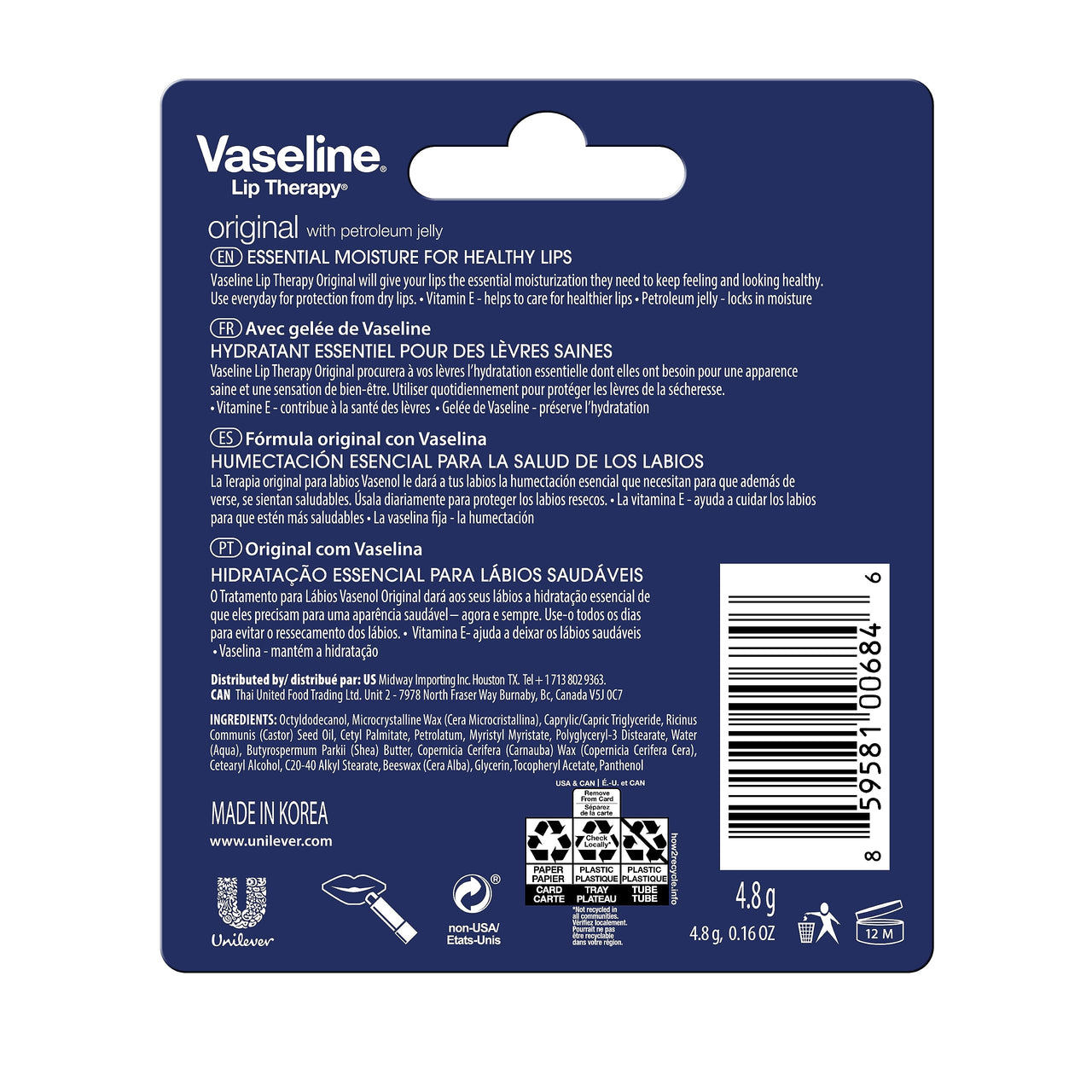 Vaseline Lip Therapy Care Original, Fast-Acting Nourishment, Ideal for Chapped, Dry, Cracked, or Damaged Lips, Lip Balm, 0.16 Ounce (Pack of 4)