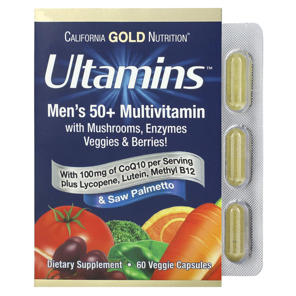 California Gold Nutrition Ultamins Men's 50+ Multivitamin with CoQ10, Mushrooms, Enzymes, Veggies & Berries, 60 Veggie Capsules
