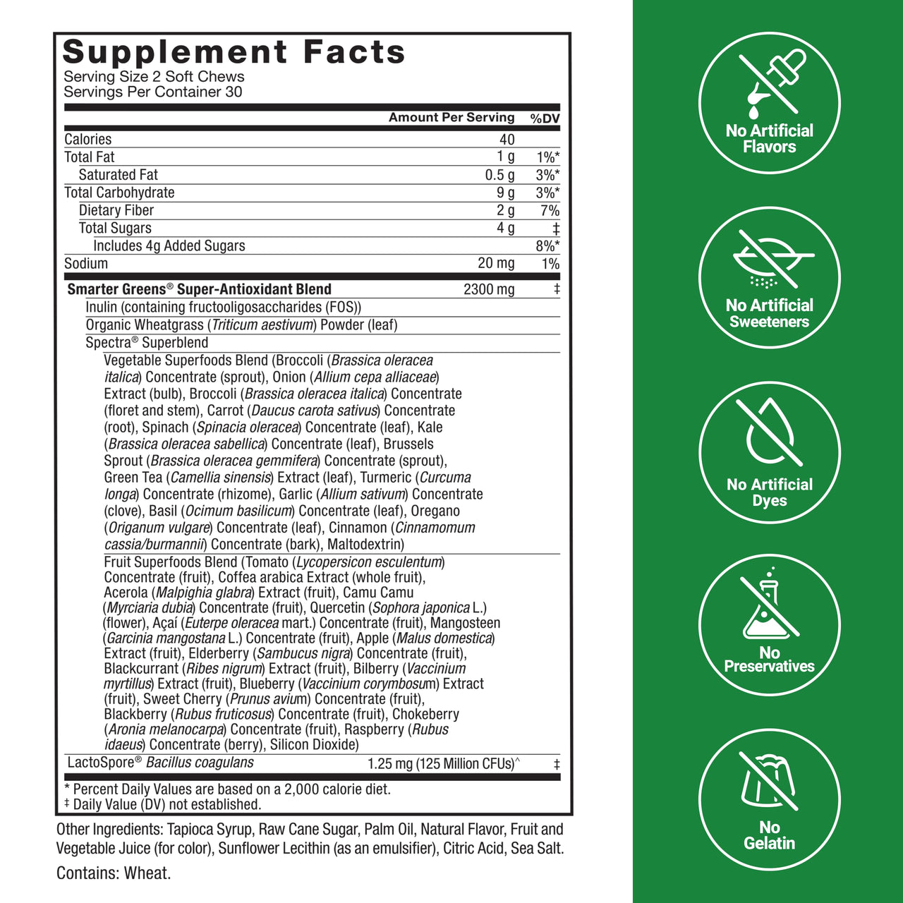 Force Factor Smarter Greens Superfood Chews, Greens and Superfoods with Probiotics, Antioxidants, and Fiber, Greens Supplement to Support Digestion, Nitric Oxide, and Energy, 60 Soft Chews