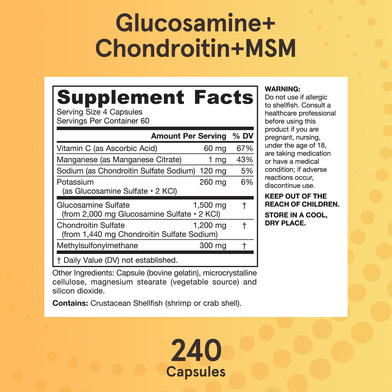 Jarrow Formulas Glucosamine, Chondroitin, and MSM Capsules; Joint Support Supplement with Vitamin C and Manganese, Bone & Joint Health, 240 Capsules, 60 Day Supply