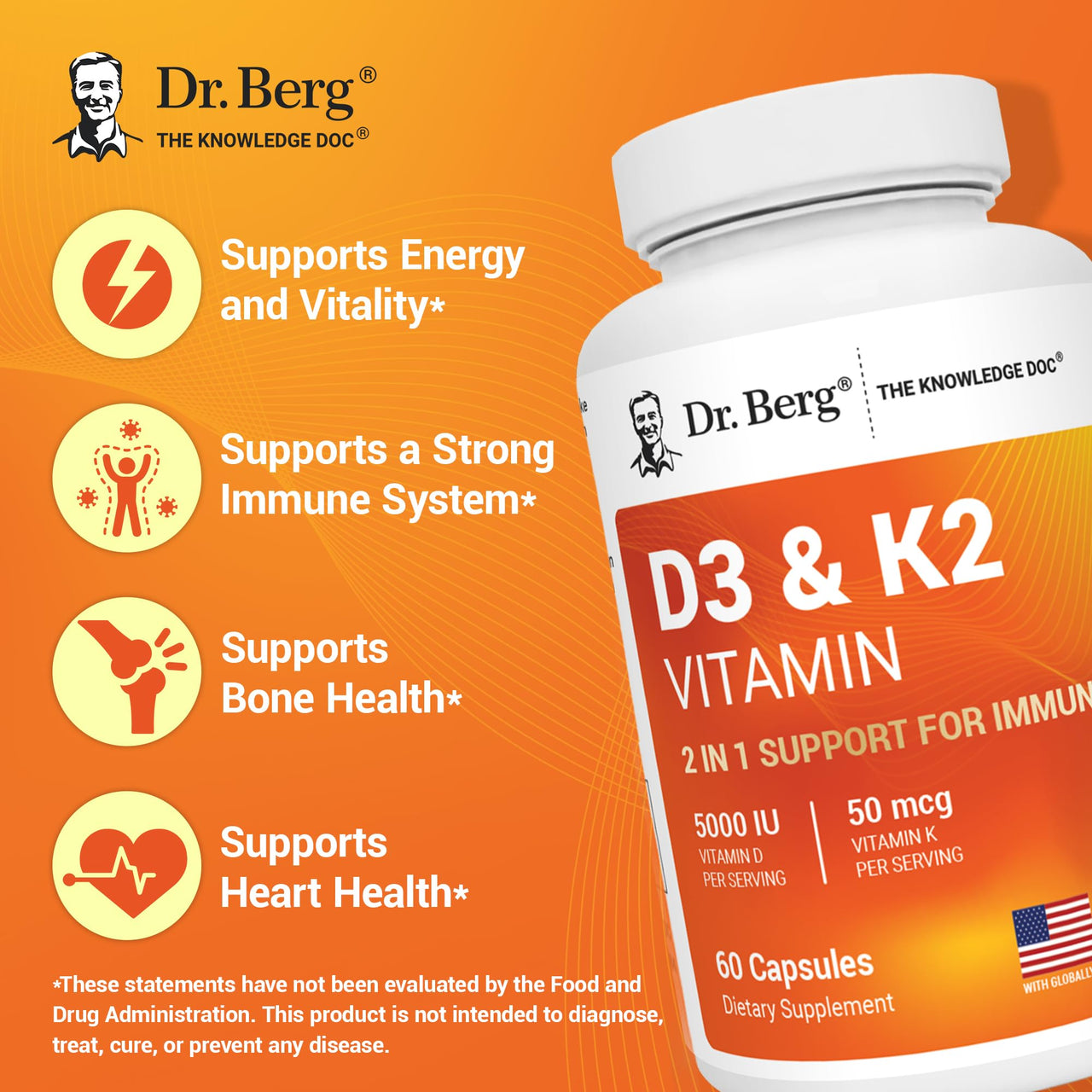 Dr. Berg Vitamin D3 & K2 5,000 IU + MK-7 – 60 Capsules – Immune, Bone & Heart Support* Supplement w/Magnesium, Zinc, B6 – 4X Lab-Tested – No Fillers – Non-GMO, cGMP, Formulated in USA
