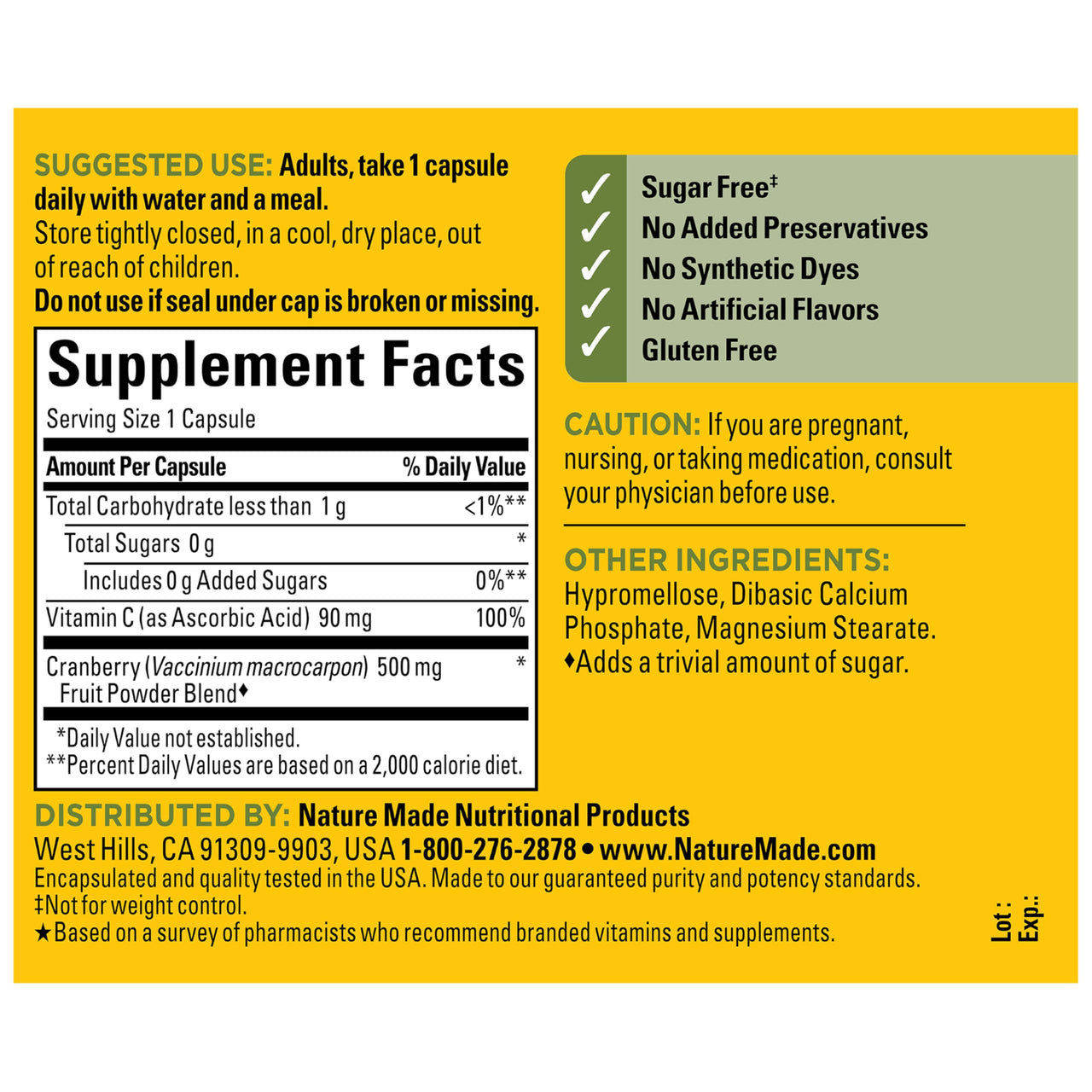 Nature Made Cranberry Supplement 500mg with Vitamin C for Immune & Antioxidant Support, Cranberry Blend for Urinary Tract Health, One Per Day, 60 Capsules