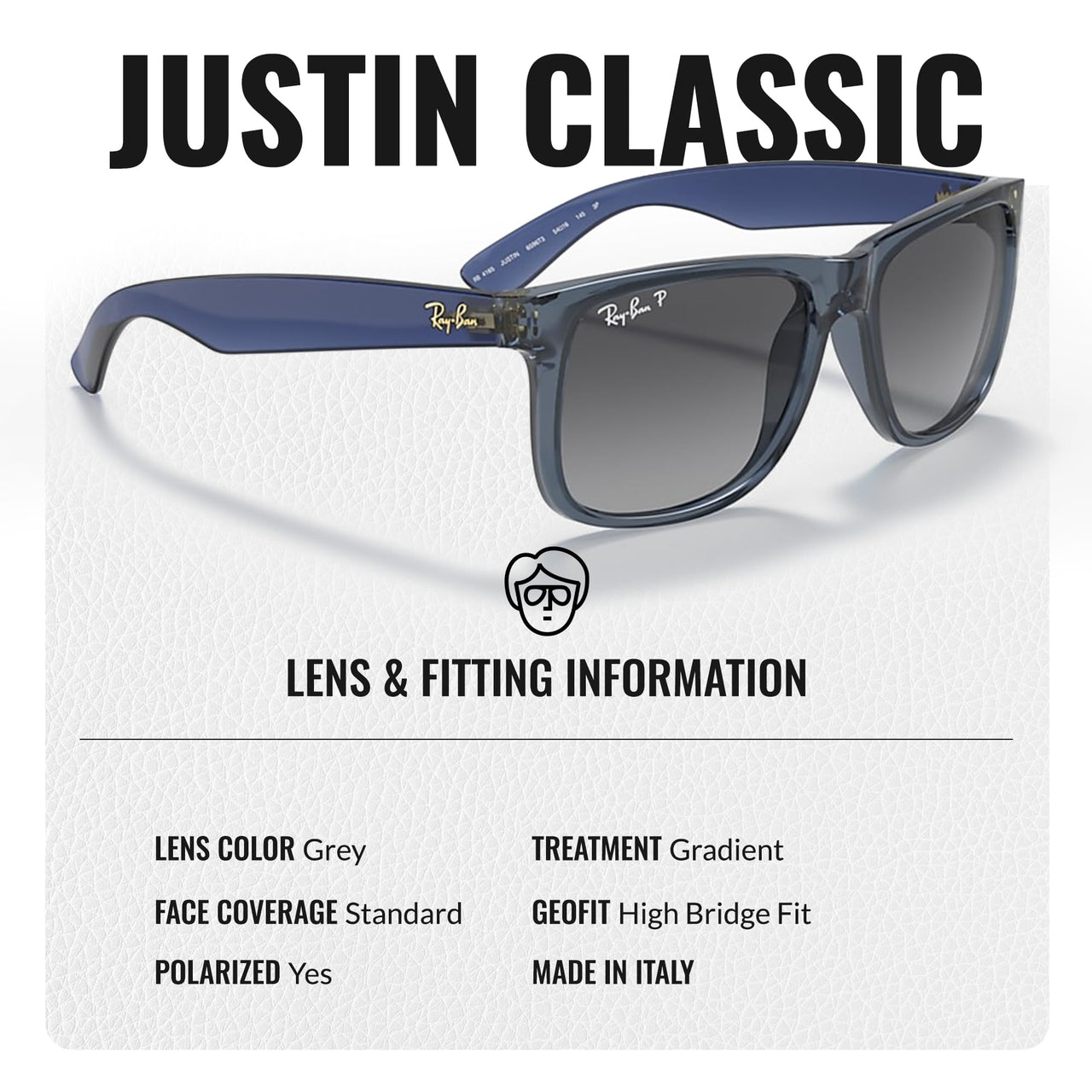 Ray-Ban RB4165 JUSTIN CLASSIC POLARIZED Square Shaped Sunglasses for Men & Women – Includes Official Rayban Eyewear Kit – Ideal Formal & Casual Wear Sunglasses – Grey Lens