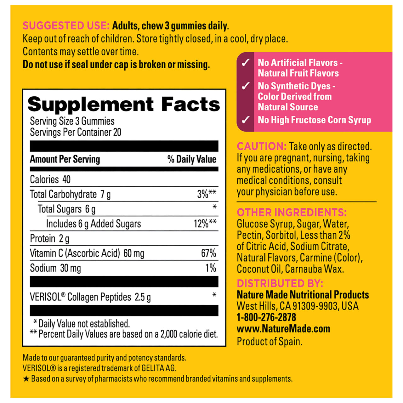 Nature Made Collagen Peptides + Vitamin C Gummies, Clinically Studied Verisol Collagen for Skin Health Support, 60 Gummies, 20 Day Supply