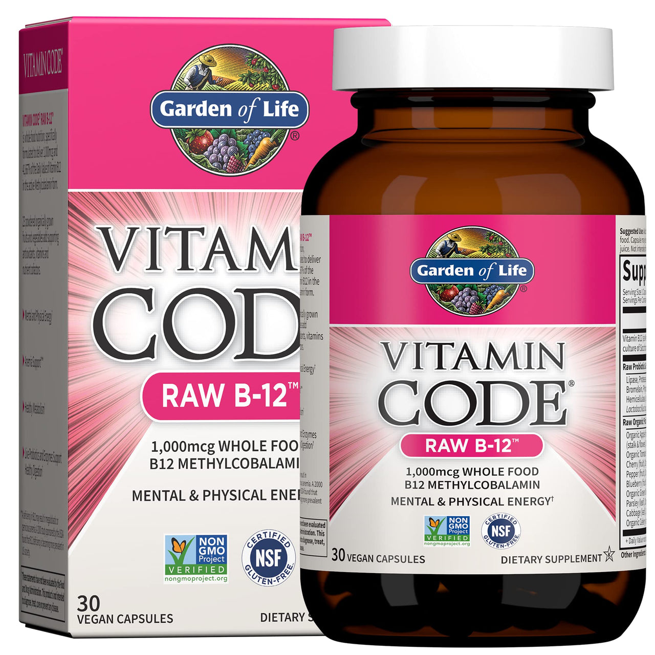 Garden of Life Vitamin Code Raw B-12 - 30 Capsules, 1,000mcg Whole Food B12 Methylcobalamin for Energy, Vegan Methylcobalamin Vitamin plus Probiotics and Enzymes, Gluten Free Supplements