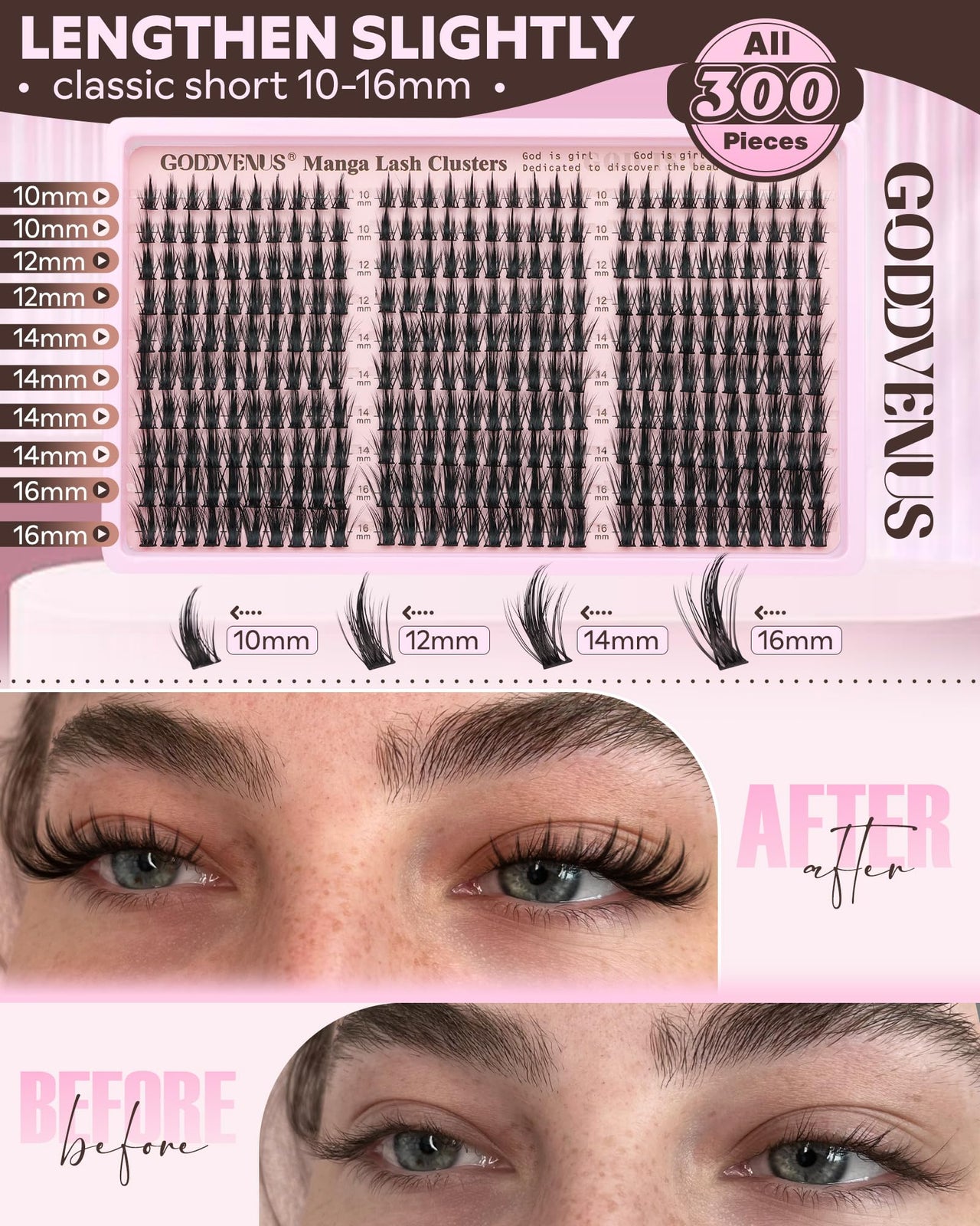 Goddvenus Manga Lash Clusters Kit Natural 300 Pcs Cluster Eyelash Extensions Kit Wispy Fairy Fluffy Eyelash Clusters Anime Cosplay Individual Lash Extensions Kit CC Curve 10-16mm