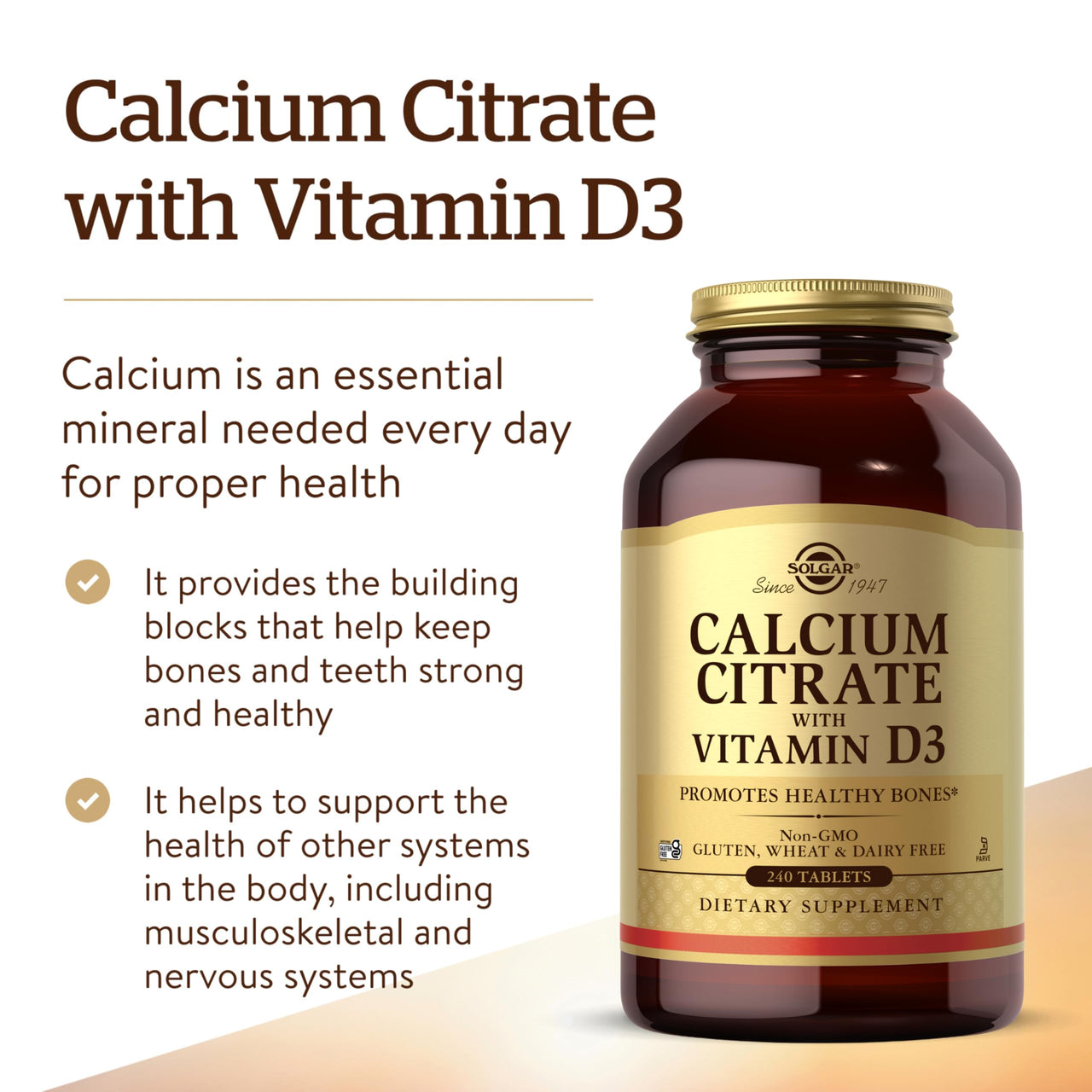 Solgar Calcium Citrate with Vitamin D3, 240 Tablets - Promotes Healthy Bones & Teeth, Supports Musculoskeletal & Nervous Systems - Non-GMO, Gluten-Free, Dairy Free, Kosher - 60 Servings