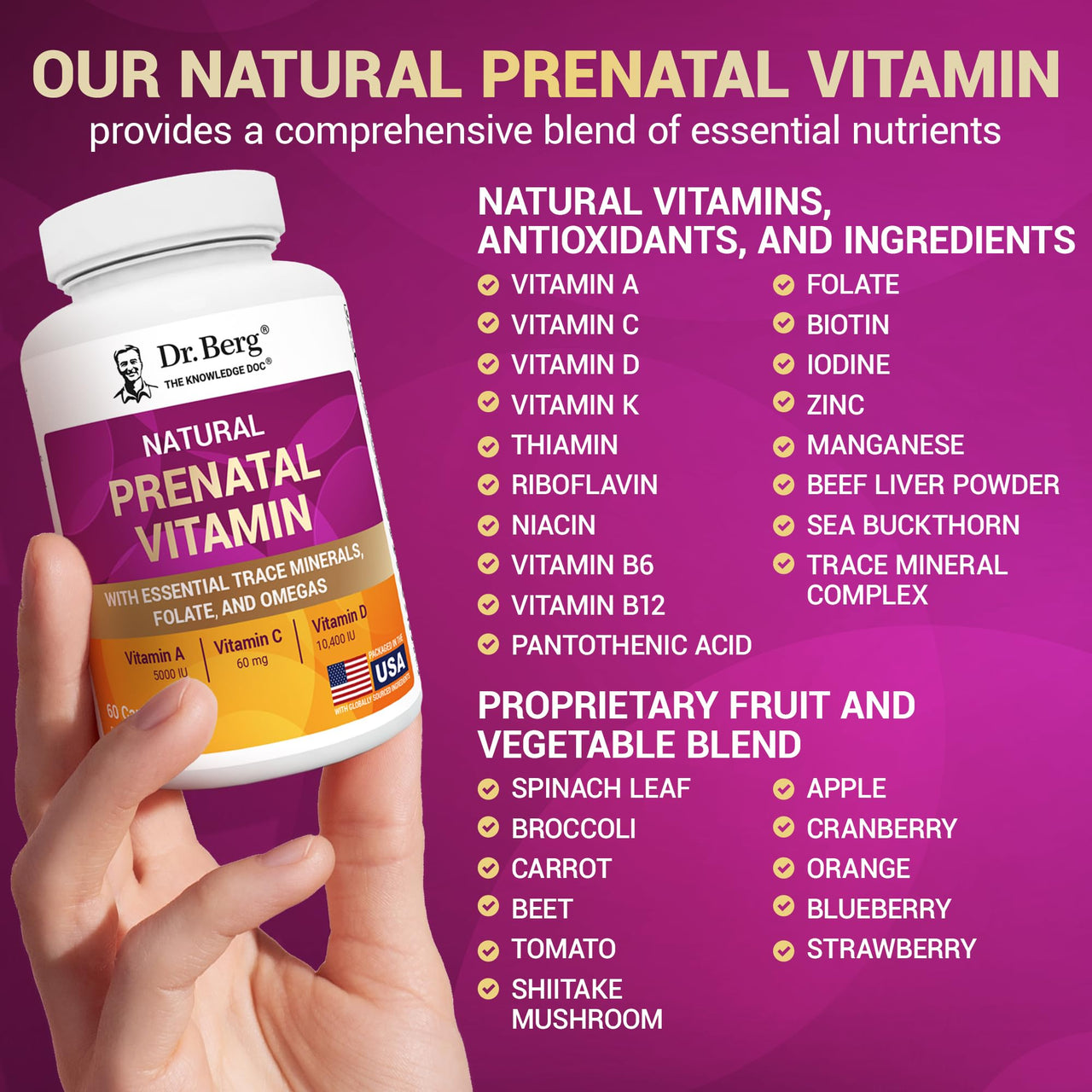 Dr. Berg Natural Prenatal Vitamins for Women (Pregnant & Nursing) - Prenatal Vitamins with Folate, Vitamins, Minerals, Omegas, &11 Powerful Superfoods - Womens Prenatal Multivitamin - 60 Capsules