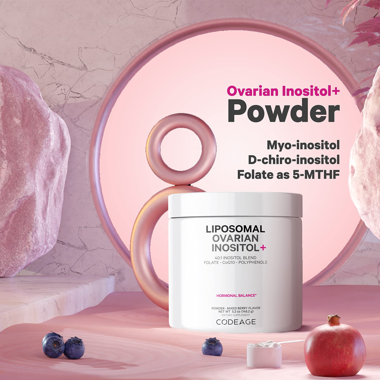 Codeage Liposomal Ovarian Inositol Powder - Myo-Inositol & D-Chiro-Inositol 40:1 Blend, Folate 5-MTHF, CoQ10, Pomegranate & Wild Blueberry - 2-Month Supply - Mixed Berry Flavor - Non-GMO, 60 Servings