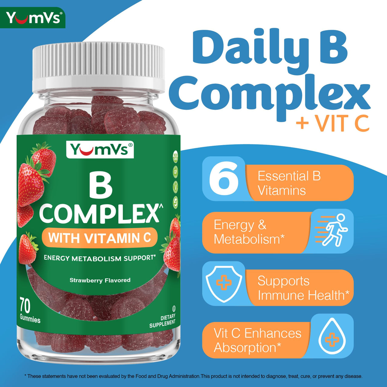 B Complex Gummies with Vitamin C â€“ Great Tasting 1 a Day Energy & Nervous System Support for Adults â€“ Vegan, Kosher, Non-GMO Vitamin B Complex Gummies with B12, B6, Niacin & Folic Acid â€“ 70 Count