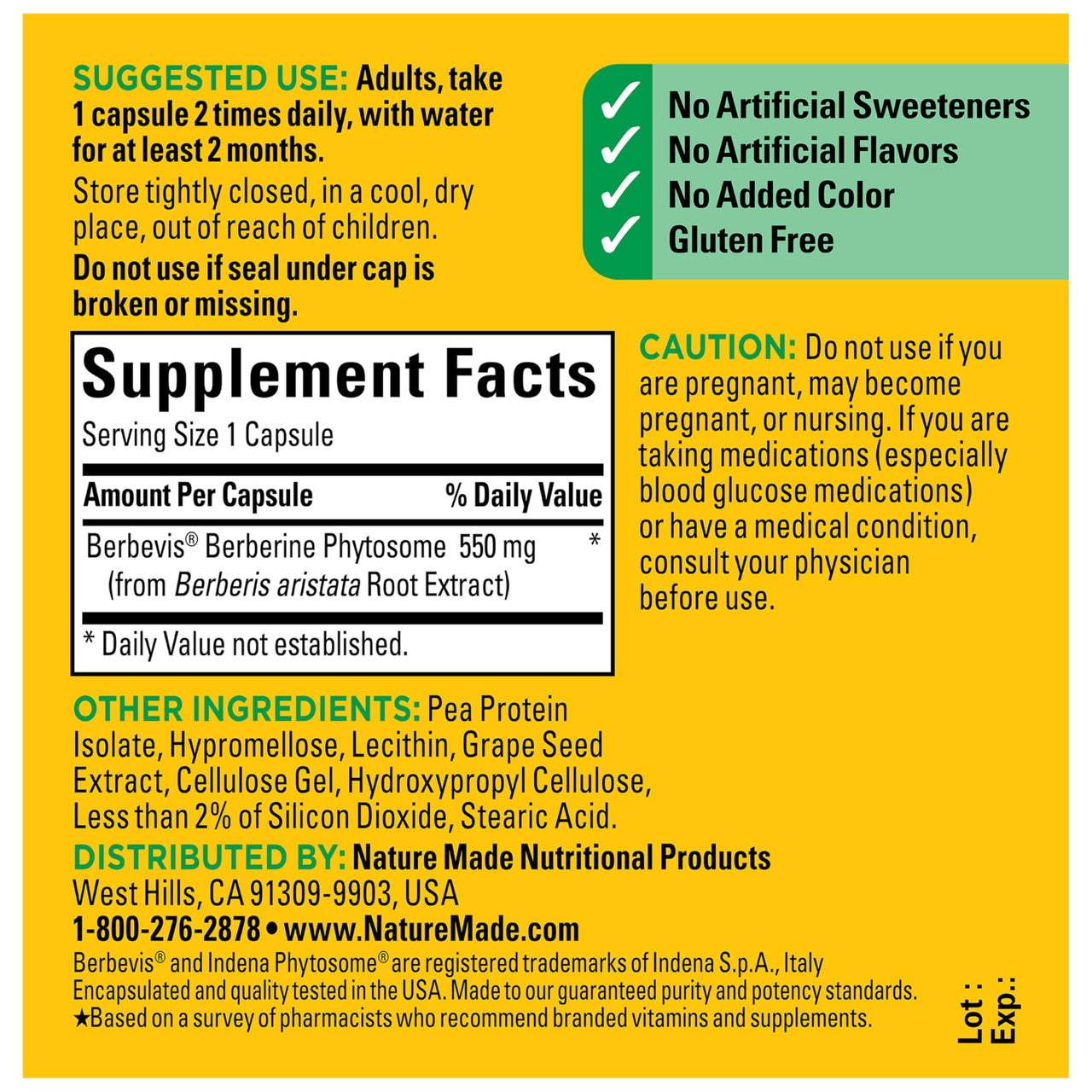 Nature Made Better Absorption Berberine Phytosome Supplement, 1100mg Per 2 Capsules Daily, Berberine Supplement for Cardiovascular Health Support, 60 Capsules, 30 Day Supply
