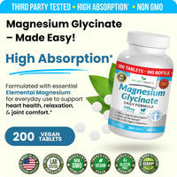Thumbnail for Magnesium Glycinate 400mg | 200 Tablets | High Absorption Mag Supplements for Sleep, Leg Cramps, Heart, Muscle, Calm | Non Buffered Bisglycinate, Extra Strength for Women and Men, Tablets Not Capsules