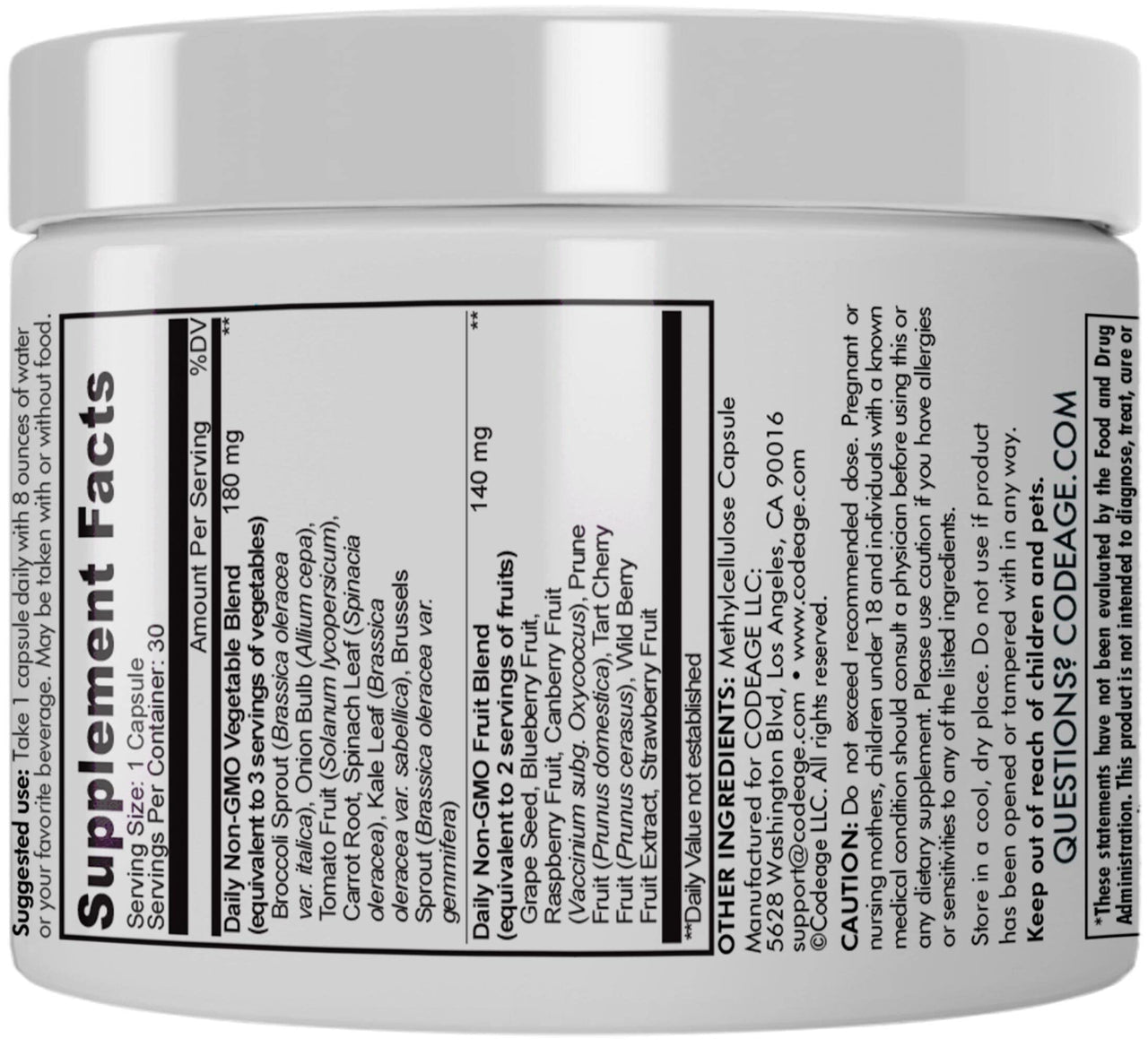 Codeage 5 Servings of Fruits & Veggies Equivalent in 1 Single Capsule, Whole Food Non-GMO, 15 Greens & Fruits All-in-One Pill, Eat Vegetables for Wellness Vegan Vitamins Supplement, 60 ct
