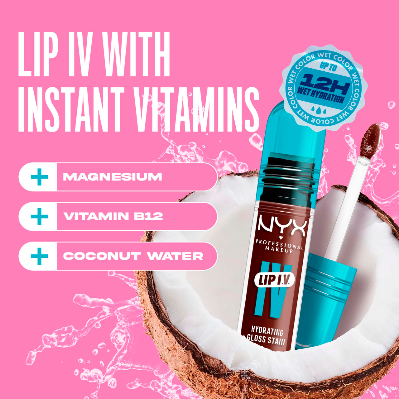 NYX PROFESSIONAL MAKEUP Lip IV Hydrating Glossy Lip Stain, Long-Lasting, Tinted, Vegan Formula with 12 HR Hydration - Mocha Me Wet (Brown)