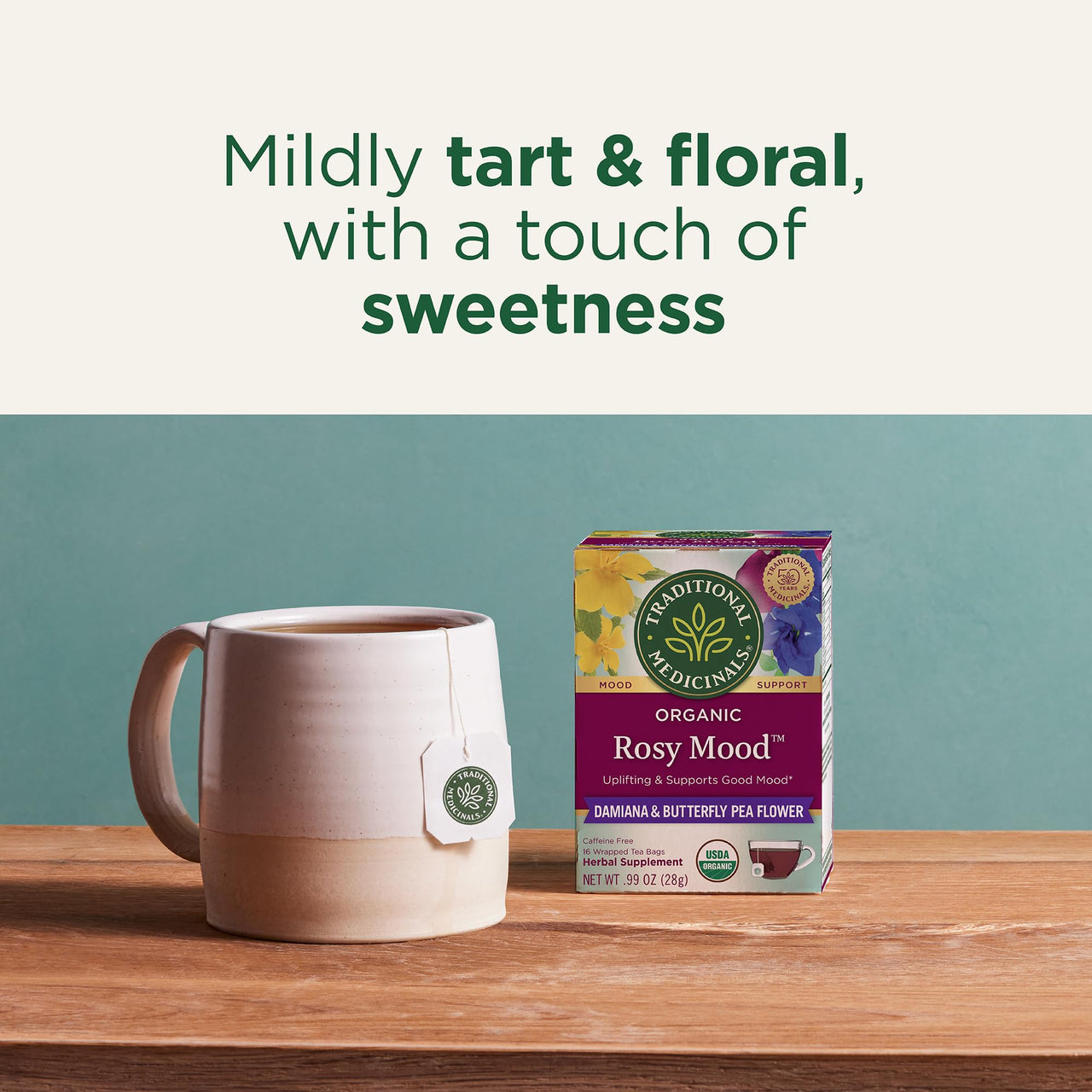 Traditional Medicinals Organic, Rosy Mood, Damiana & Butterfly Pea Flower - Uplifting Mood Support - Kosher, Non-GMO, Caffeine-Free, Compostable - 96 Tea Bags (6 Packs of 16)