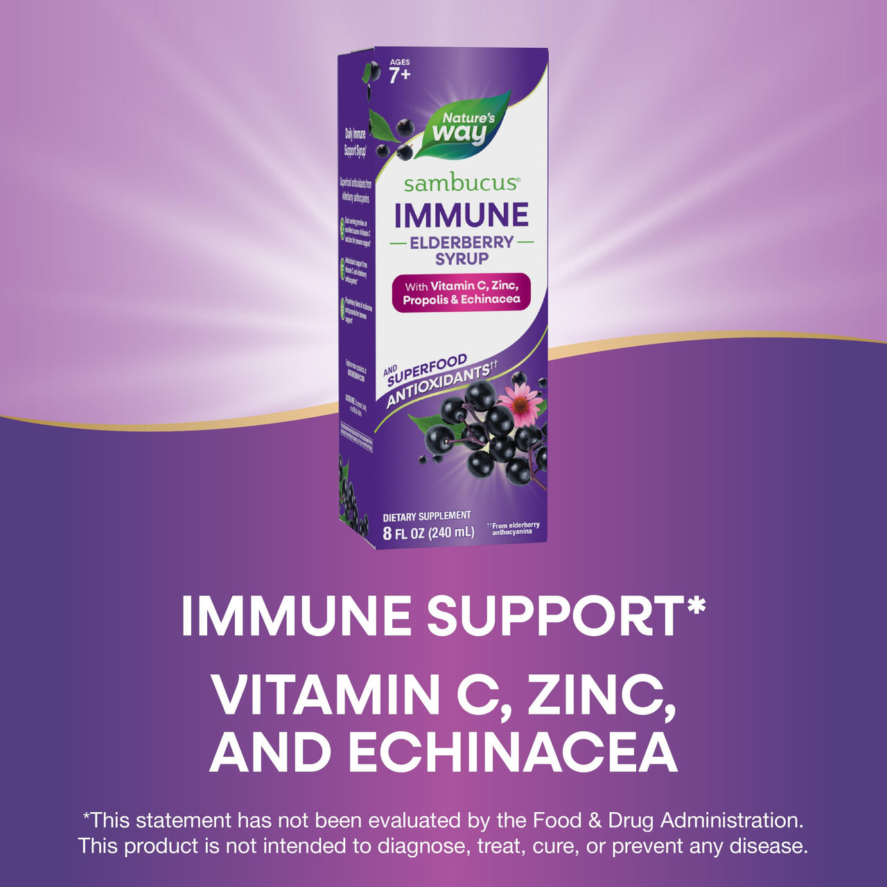 Nature's Way Sambucus Immune Elderberry Syrup, Elderberry extract, Vitamin C and Zinc with Propolis & Echinacea for Immune Support*, with Superfood Antioxidants(1), 8 Fl Oz (Packaging May Vary)