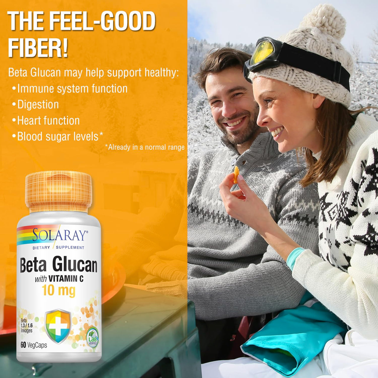 SOLARAY Beta Glucan with Vitamin C 10 mg | from Bakers Yeast | Healthy Immune System Function Support | 60 VegCaps
