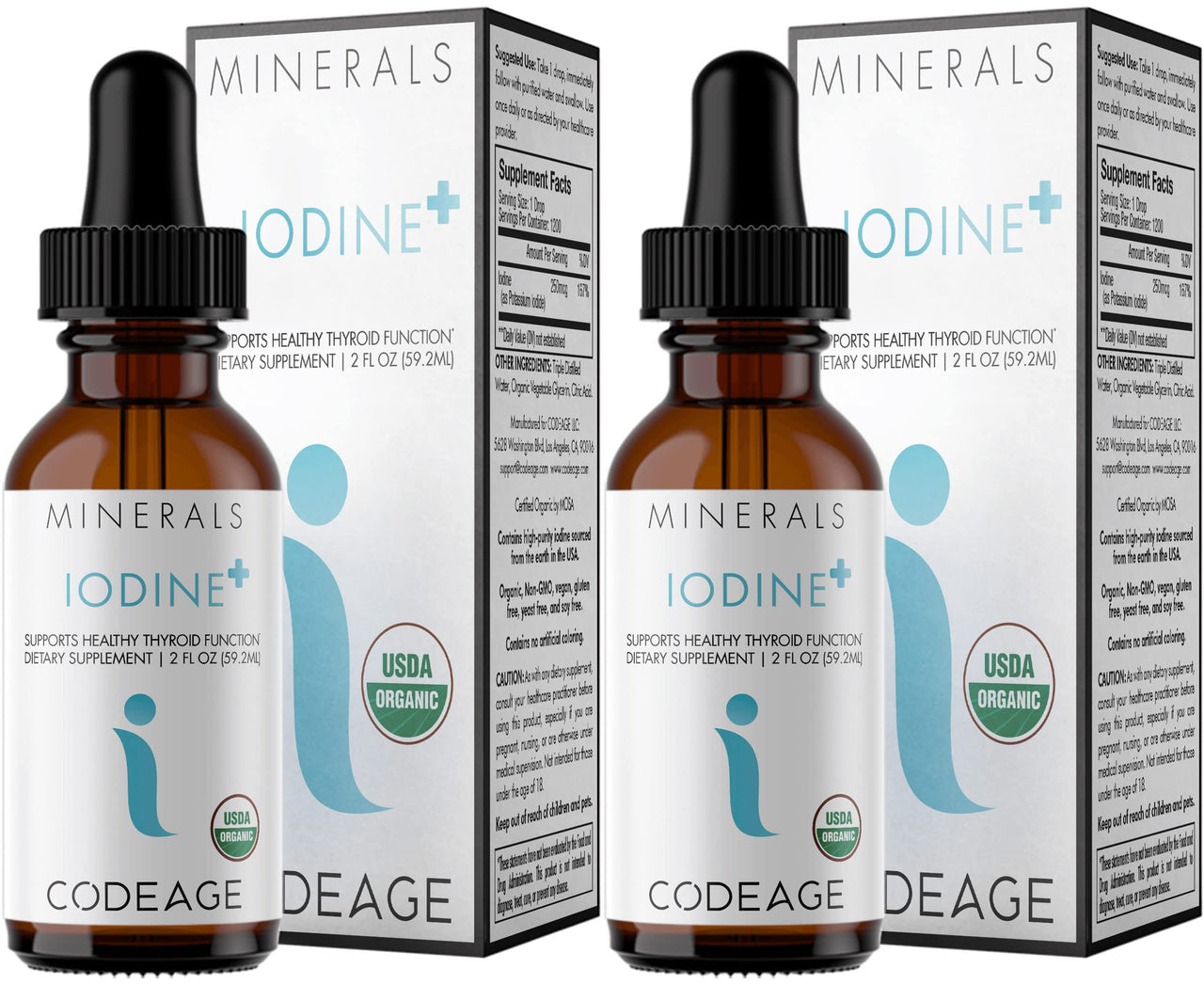 Codeage USDA Organic Iodine Drops – 250 Mcg - 1+ Year Supply - Liquid Iodine Supplement – Iodine Drops Solution - Pure, Clear Iodine - Vegan Iodine Liquid Drop - 2 fl oz - (2 Pack)