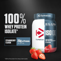 Thumbnail for Dymatize ISO100 Whey Protein Powder Isolate, Strawberry, 25g of Protein, 5.5g BCAAs, Less Than 120 Cal., Gluten Free, 1g Fat, 1g Sugar, 2g Carb (20 Servings)
