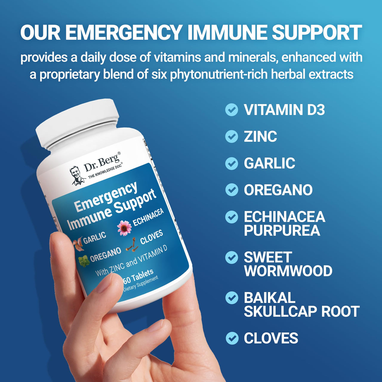 Dr. Berg Emergency Immune Support w/Echinacea - Potent Blend of Herbal Extracts (Warning: Strong Herbal Smells) - Immune Support Supplement Includes 2,000 IUs of Vitamin D & 10mg of Zinc - 60 Tablets