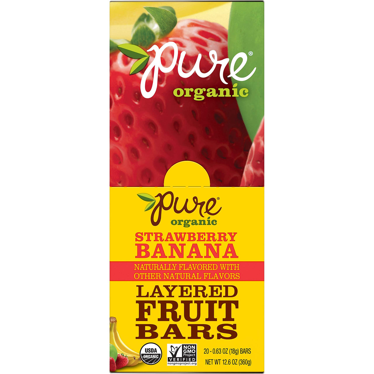Pure Organic Strawberry Banana Layered Fruit bar - Organic, Gluten-Free, Non-Gmo Project Verified, Vegan Fruit Snack, 0.63oz (Pack Of 20)