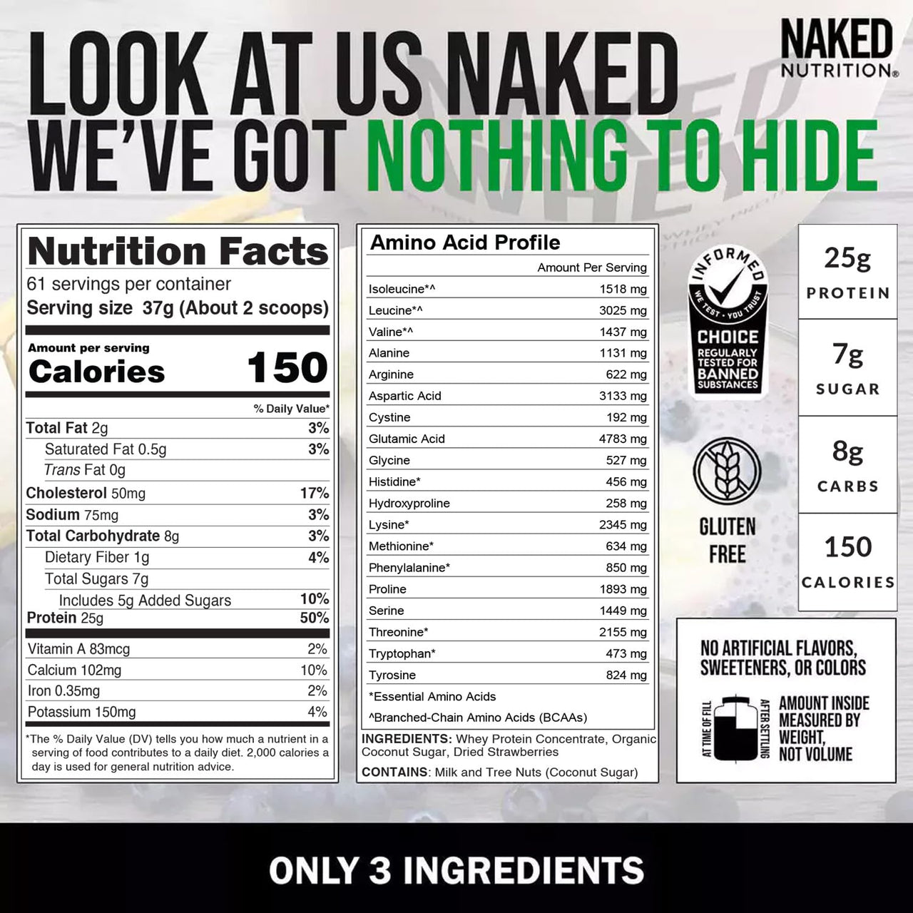 NAKED Strawberry Whey Protein Powder 5LB (61 Servings) + Pure Micronized Creatine Monohydrate 500g (100 Servings) – Bulk; Grass-Fed; Non-GMO; Gluten Free; Soy Free