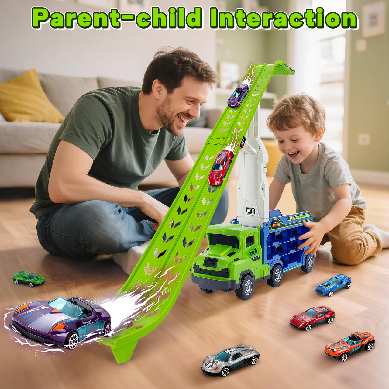 BainGesk Truck Toys Car for 3, 4, 5, 6 Years Old Boys, Carrier Race Truck Toys, Foldable 2 Layer Transport Car Toys with 27 in Race Track and 6 Metal Cars, Birthday Gifts for Toddler Boys Girls