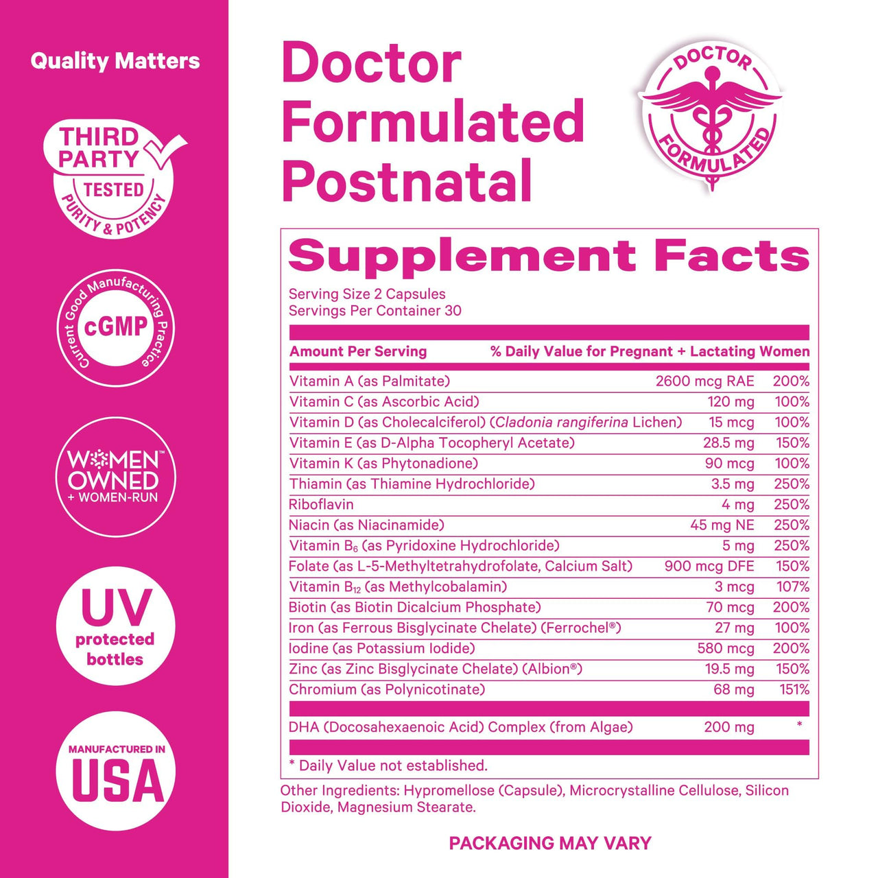 Pink Stork Total Postnatal Vitamins for Women | Vegan DHA, Iron, Folate, B12 | Postpartum Recovery Essentials | Lactation Support for Breastfeeding Moms | Third-Party Tested - 60 Capsules, Berry