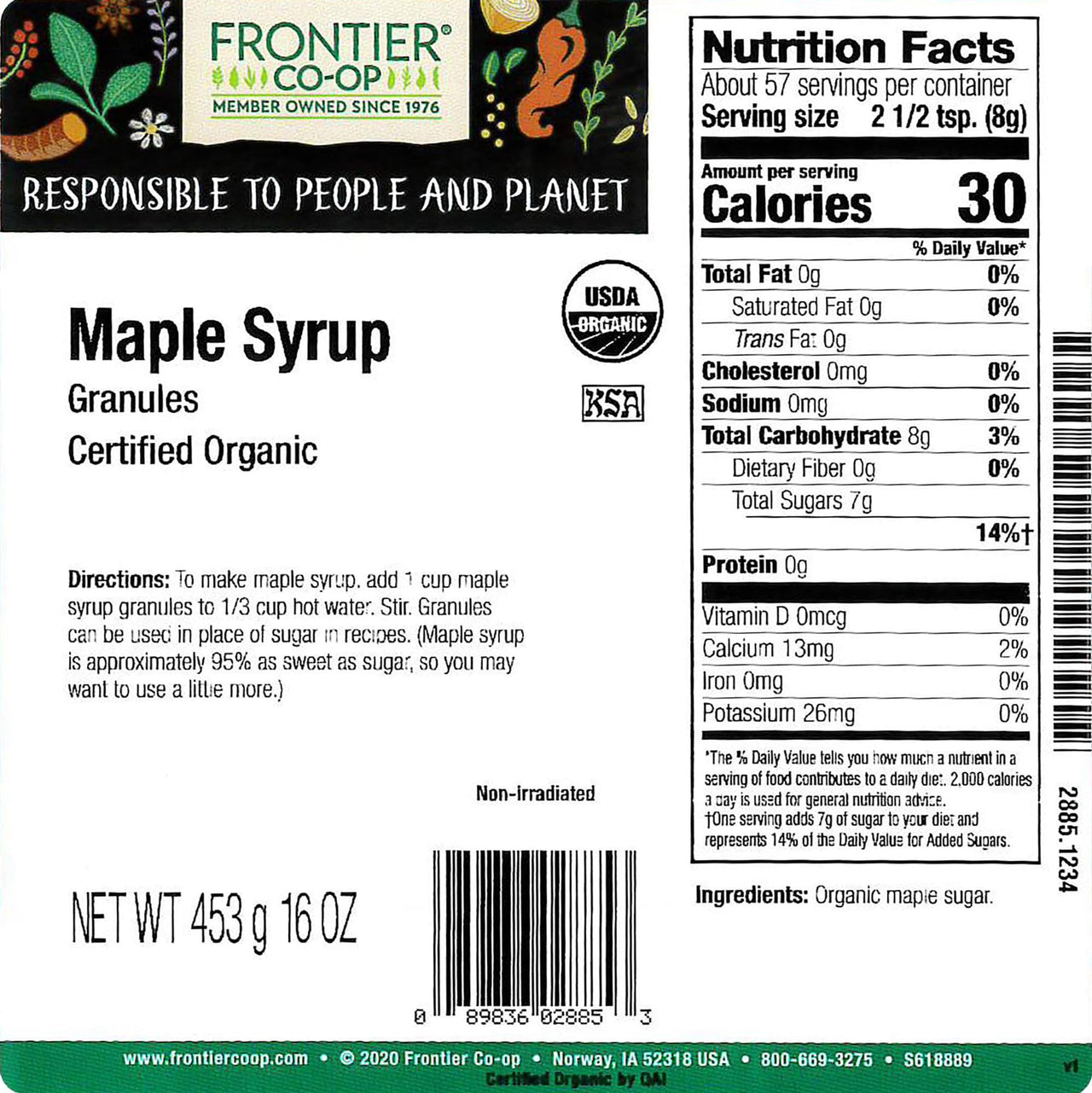 Frontier Co-op Maple Syrup Granules, Certified Organic, Kosher | 1 lb. Bulk Bag