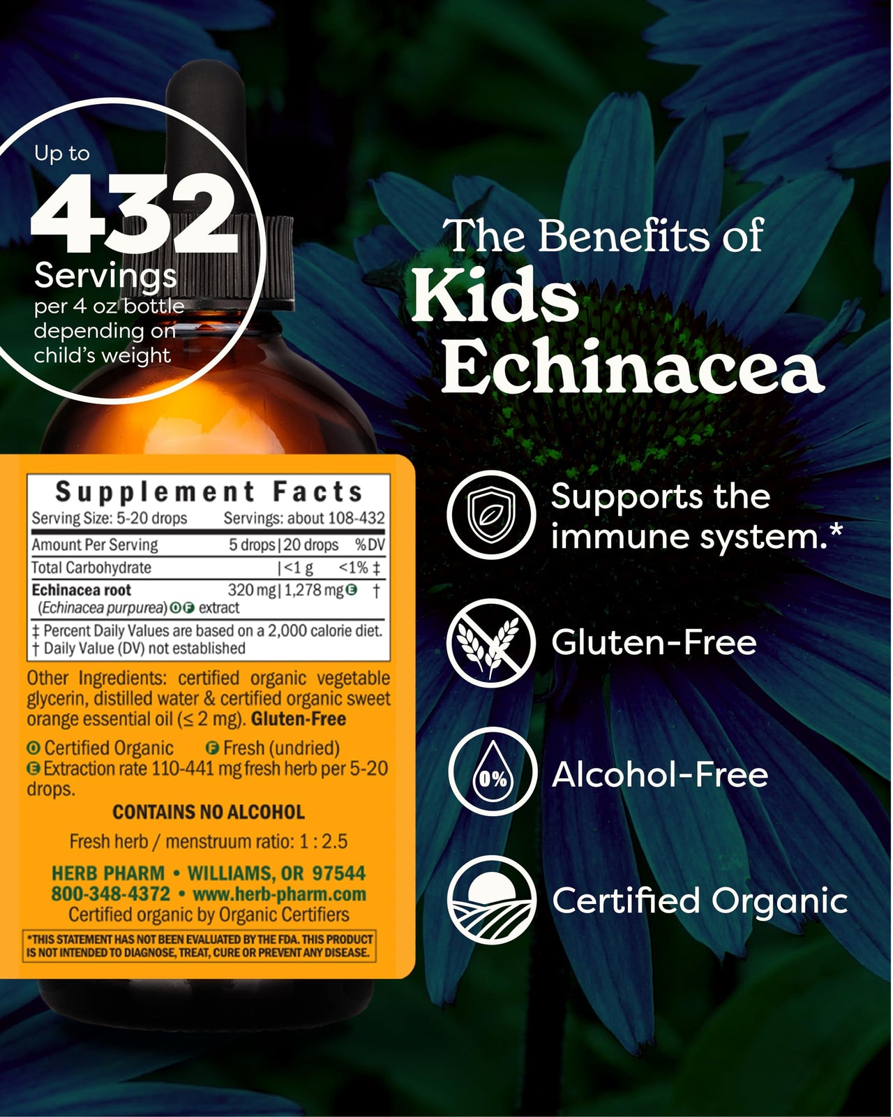 Herb Pharm Kids Certified-Organic Alcohol-Free Echinacea Glycerite Liquid Extract, 4 oz