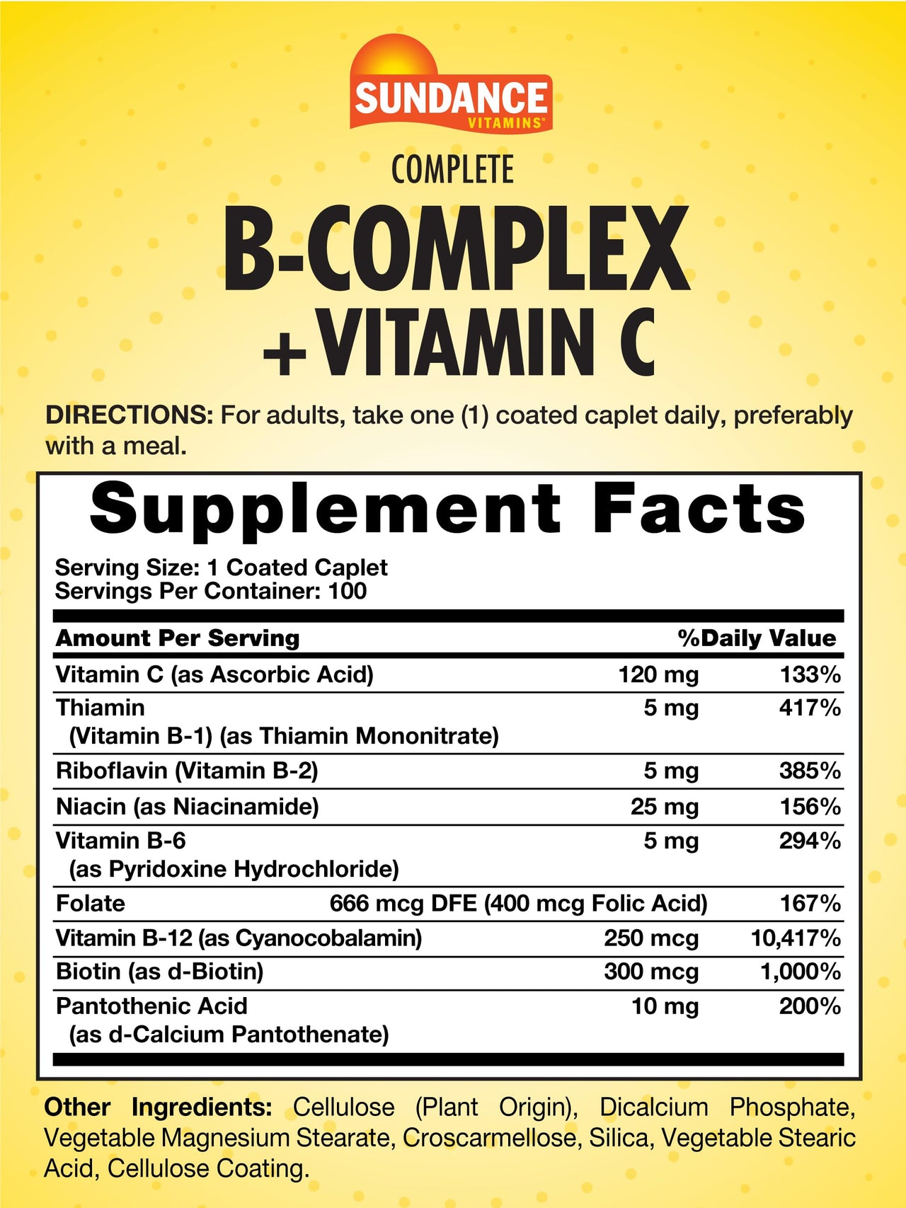 Sundance Complete B-Complex with Vitamin C | 100 Caplets | Essential Vitamin Formula | Vegetarian, Non-GMO, and Gluten Free Formula