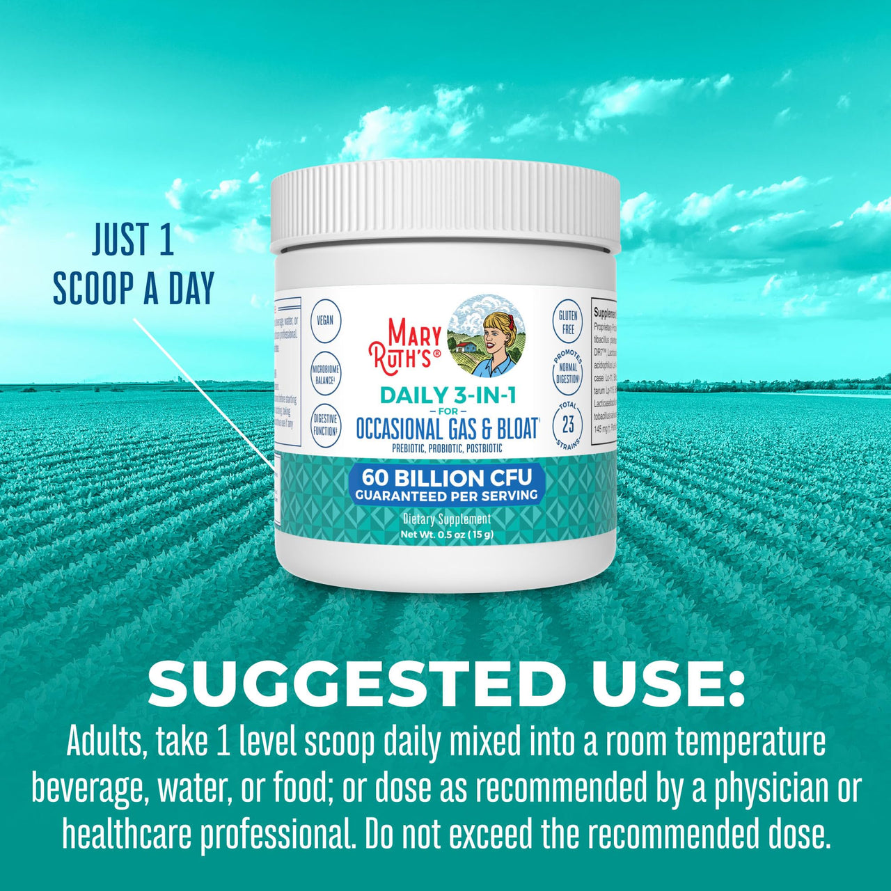 MARYRUTH'S 3-in-1 Gas & Bloat Probiotic Powder | Probiotics for Normal Digestive Function | Probiotics for Women & Men | Prebiotics & Postbiotics | 60 Billion CFU | 23 Unique Strains | 0.5 oz