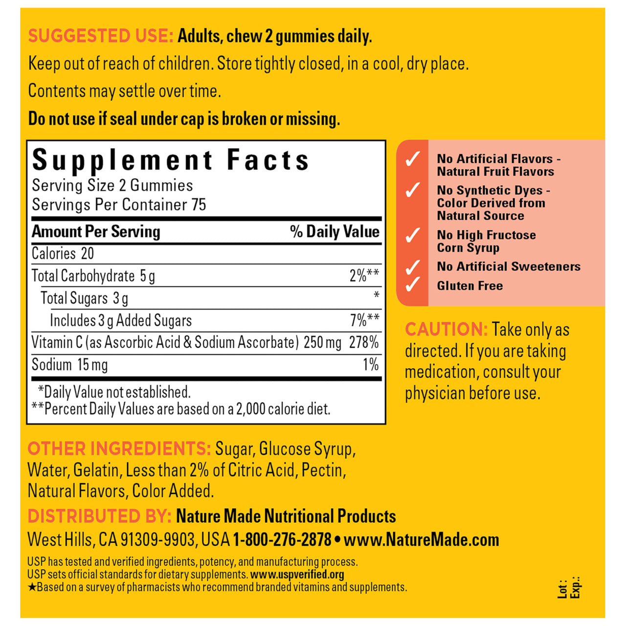 Nature Made Vitamin C 250 mg Per Serving, Dietary Supplement for Immune Support, Vitamin C Gummies for Adults, 150 Gummies, 75 Day Supply