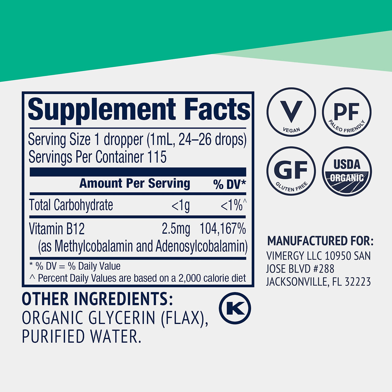 Vimergy USDA Organic Liquid Vitamin B12 Supplement 2500 mcg, Methylcobalamin & Adenosylcobalamin Fast-Absorbing Energy Support, Vegan, Non-GMO B12 Vitamins for Women & Men 115 Serving (115 mL)