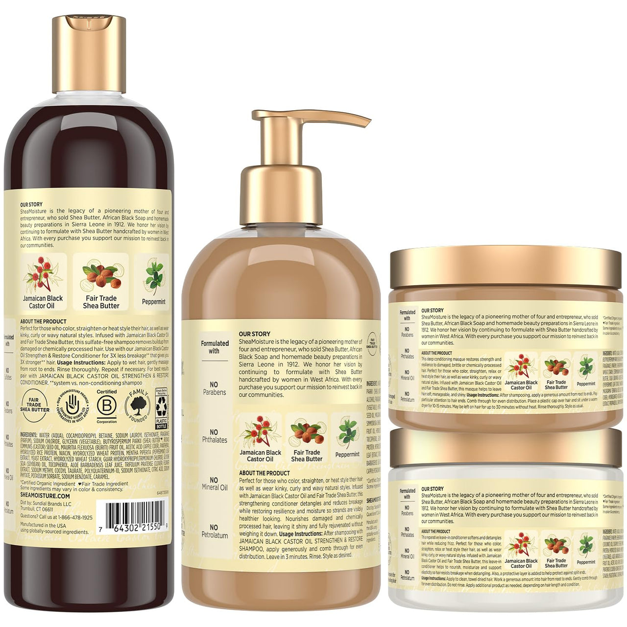 SheaMoisture Jamaican Black Castor Oil Strengthen & Restore Hair Repair Shampoo, Conditioner, Masque + Leave-In Conditioner Bundle
