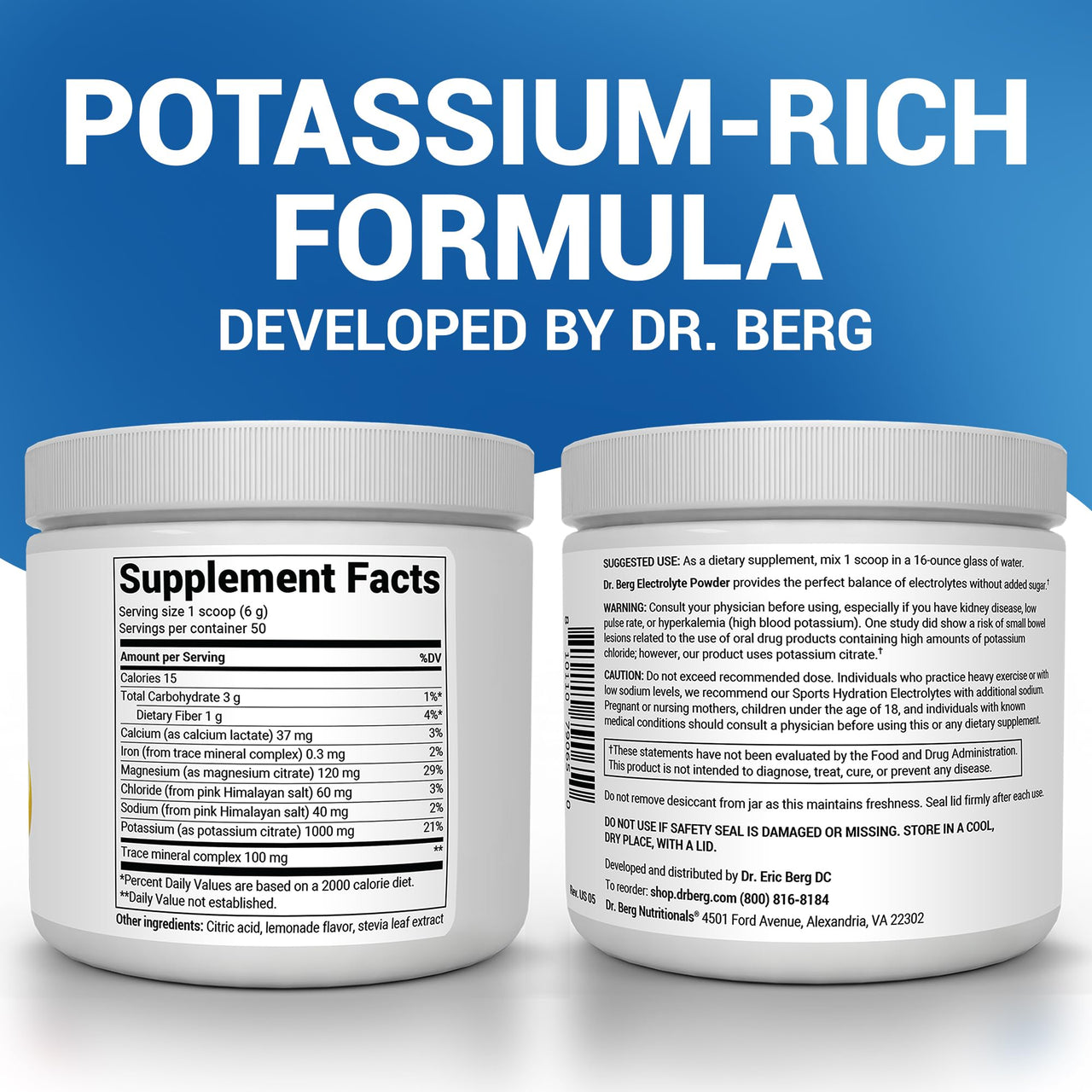 Dr. Berg Zero Sugar Hydration Keto Electrolyte Powder - Enhanced w/ 1000 mg of Potassium & Real Pink Himalayan Salt (NOT Table Salt) - Lemonade Flavor Hydration Drink Mix Supplement - 50 Servings