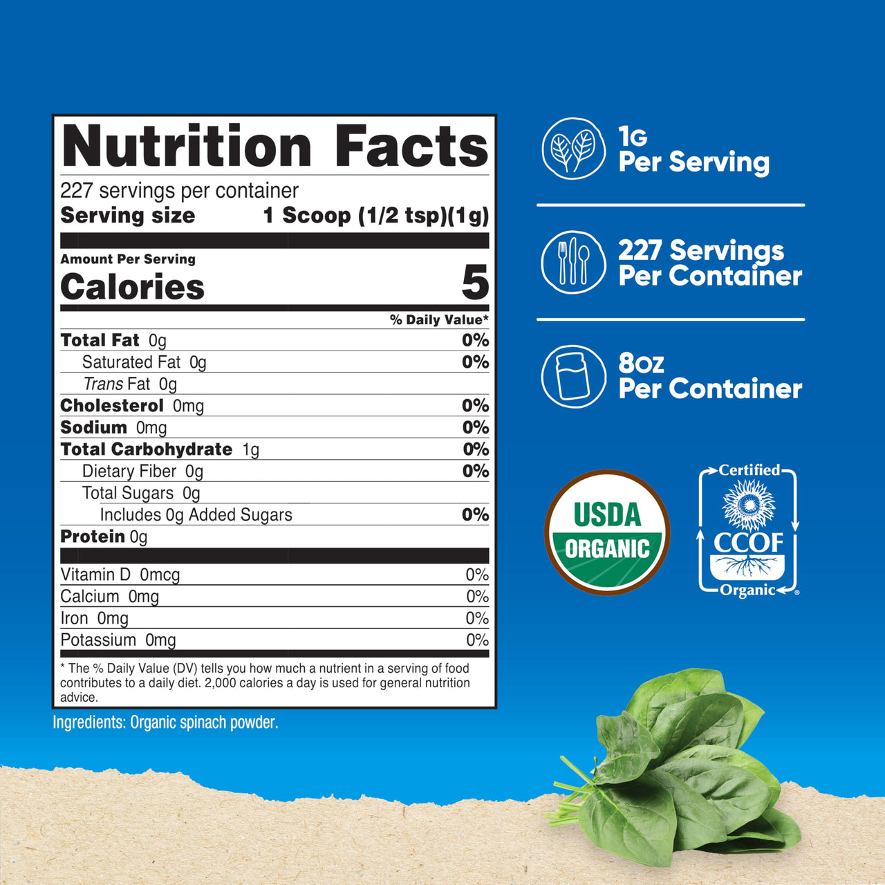 Nutricost Organic Spinach Powder 8oz (1 Gram Per Serving) - Certified USDA Organic, Premium Non-GMO Spinach Powder