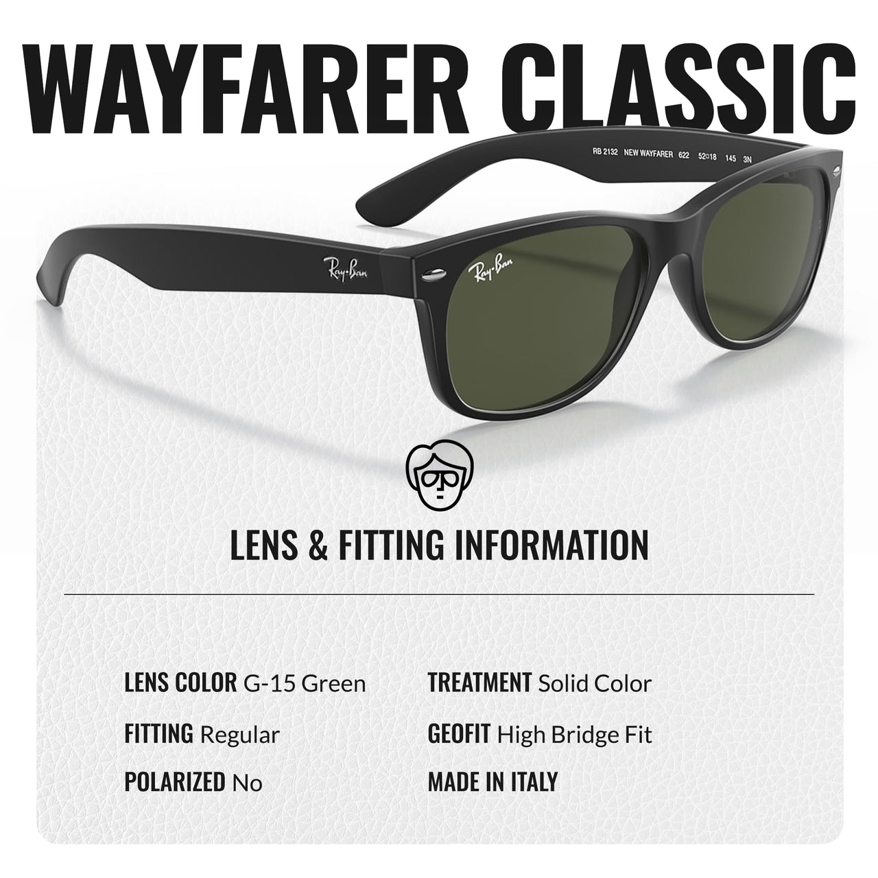 Ray-Ban RB2132 NEW WAYFARER CLASSIC Square Shaped Non-Polarized Sunglasses for Men & Women – Includes Official RAYBAN Eyewear Kit – Ideal Formal & Casual Wear Sunglasses – G-15 Green Lens