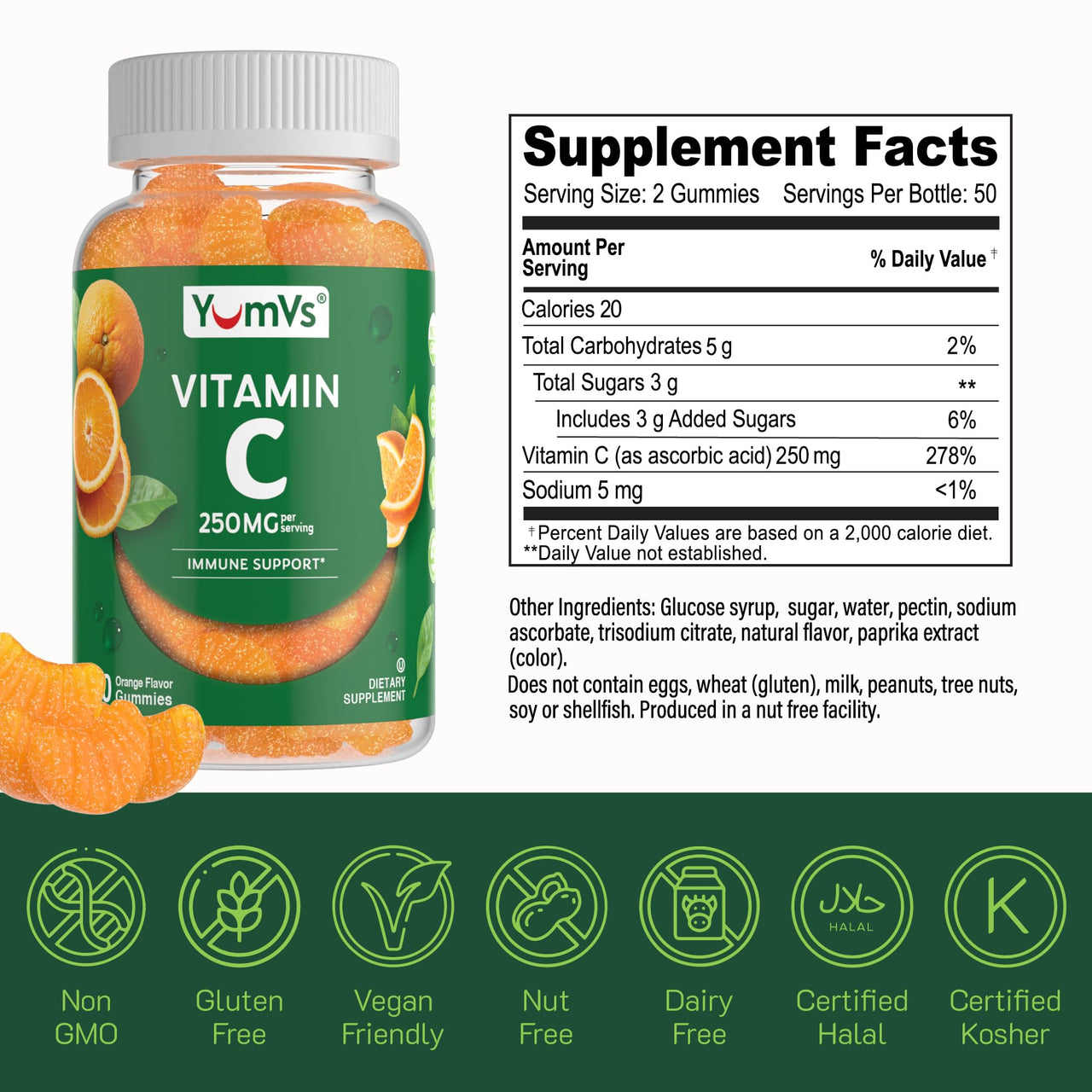 YUM-V'S Vitamin C Gummies for Adults - 250 mg Yummy Vitamin C Gummy - VIT C Gummies - Immune Support Supplement -Orange Flavored Kosher, Halal, Gluten Free (100 Count)