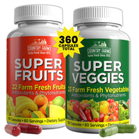 Thumbnail for Country Farms Fruits and Vegetables Supplement, 180 Fruit and 180 Veggie Capsules, Greens and Reds Packed with Superfoods, Powerful Antioxidants, 60 Servings