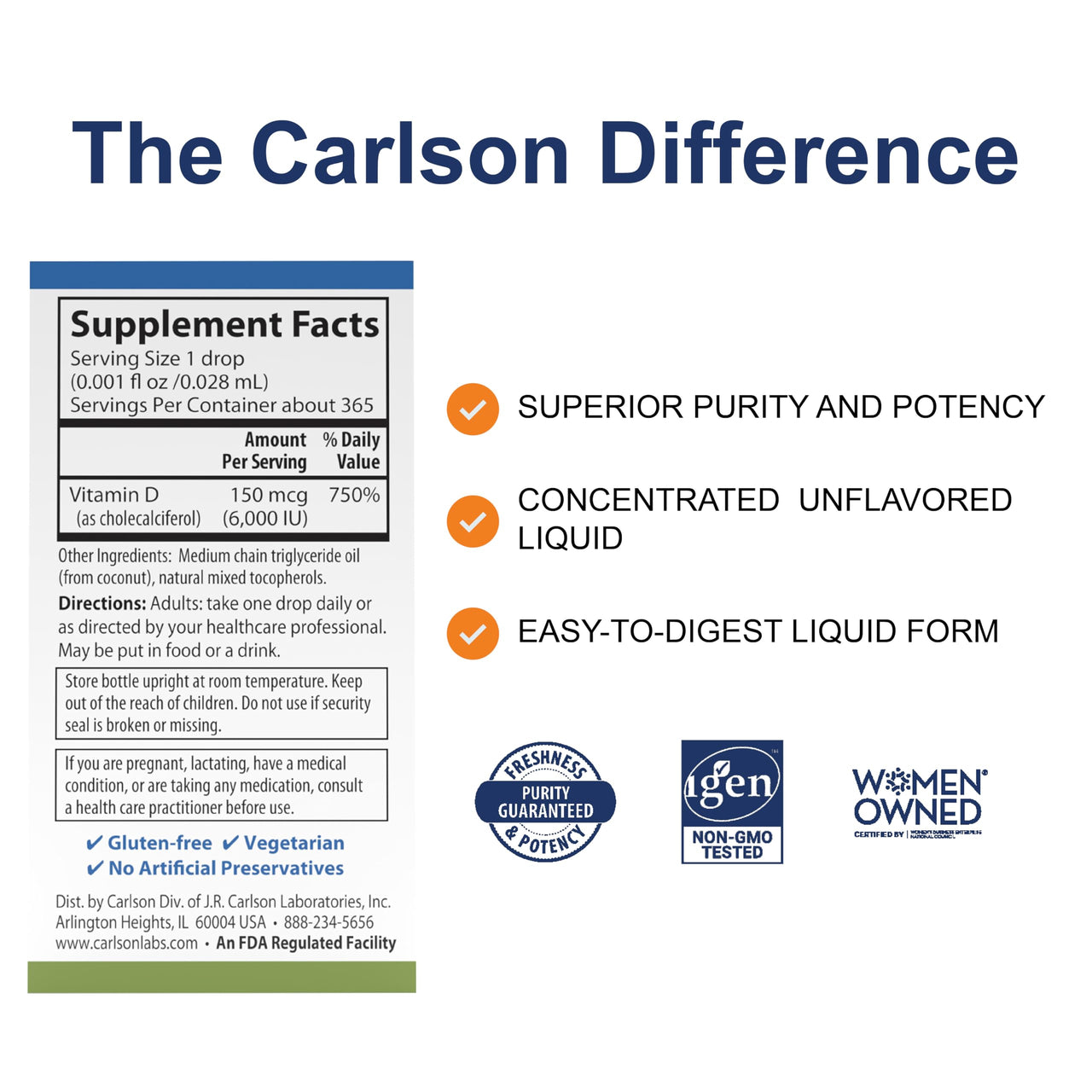 Carlson - Super Daily D3, 6000 IU (150 mcg) per Drop, Liquid Vitamin D3, 1-Year Supply, Non-GMO, Unflavored, 365 Vegetarian Drops (10.3 mL)