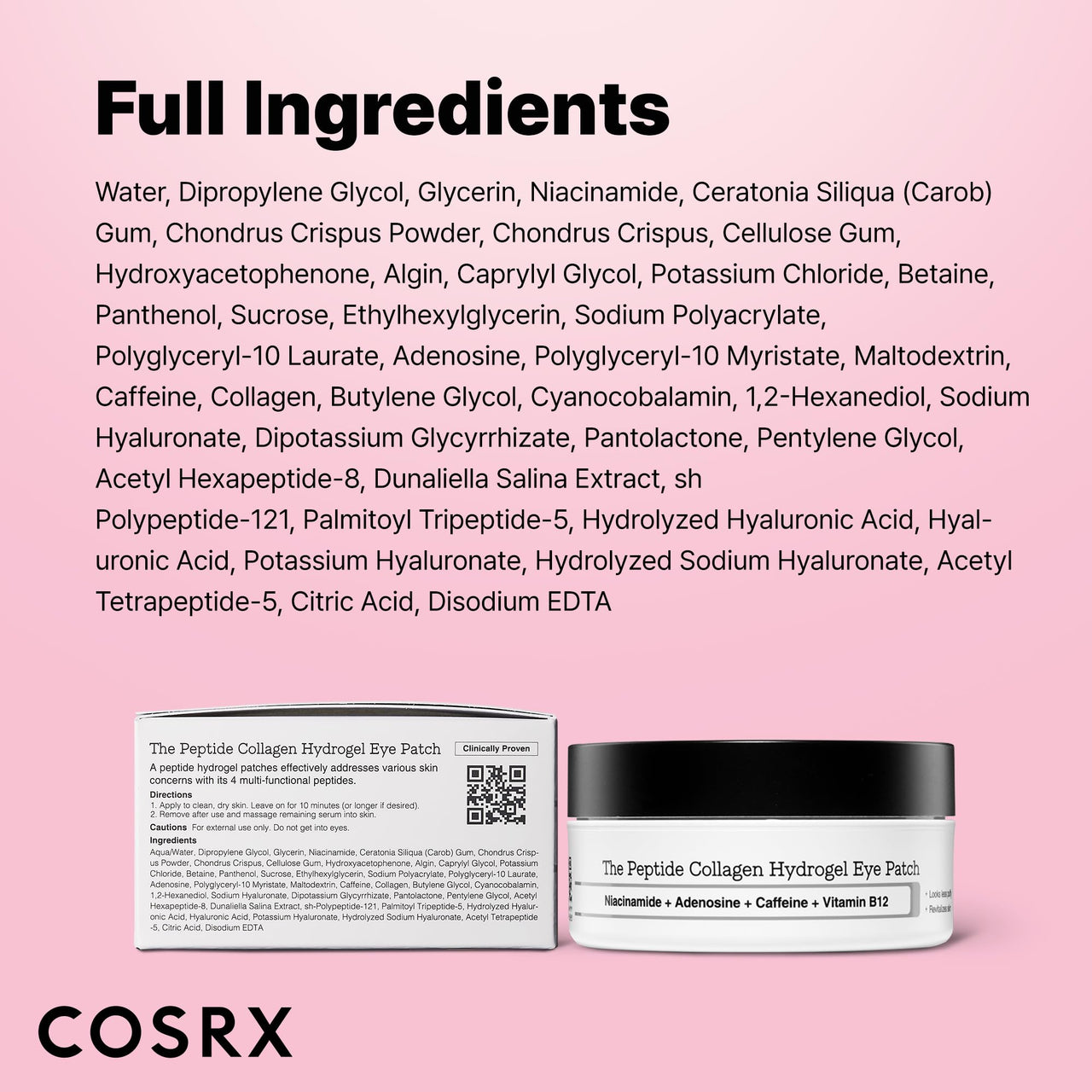 COSRX Pink Peptides Collagen Hydrogel Eye Patch for Puffy Eyes and Dark Circles, Under Eye Mask, 60 Under Eye Patches, Korean Skin Care